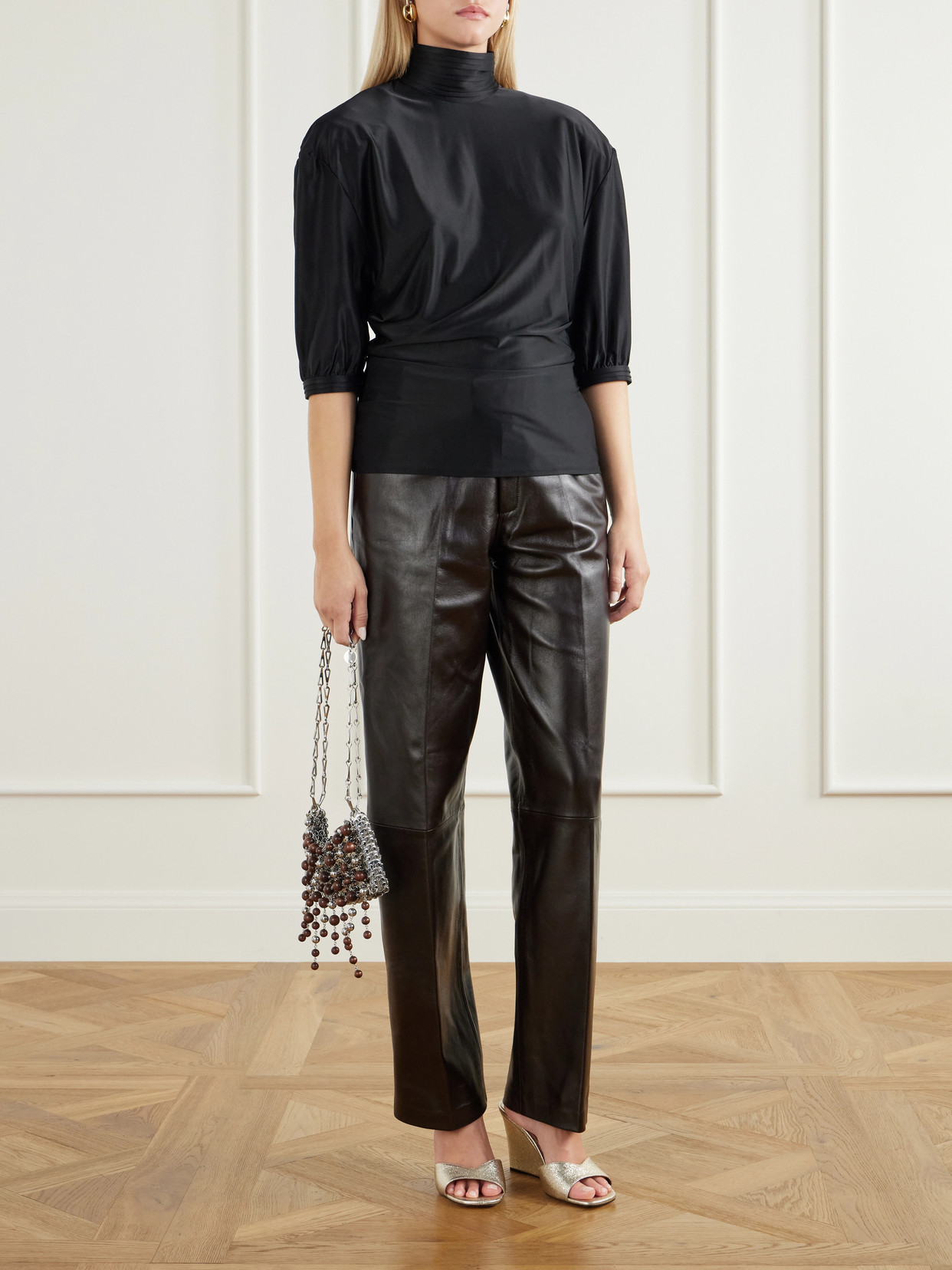 Stretch-Satin Turtleneck Blouse