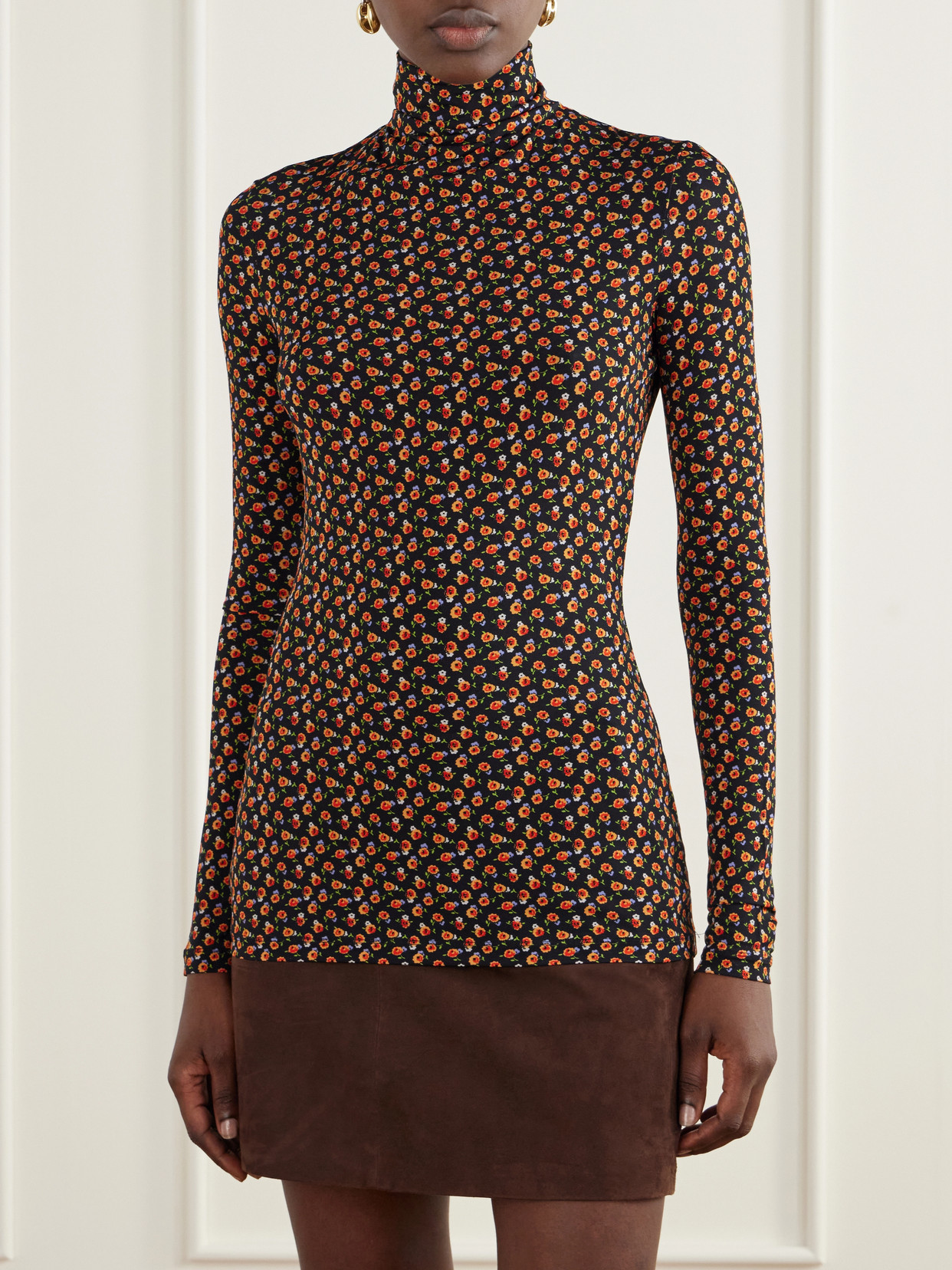 Floral-Print Stretch-Jersey Turtleneck Top