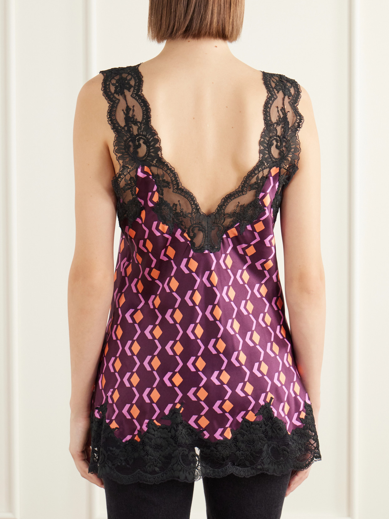 Printed Lace-Trimmed Silk-Satin Cami