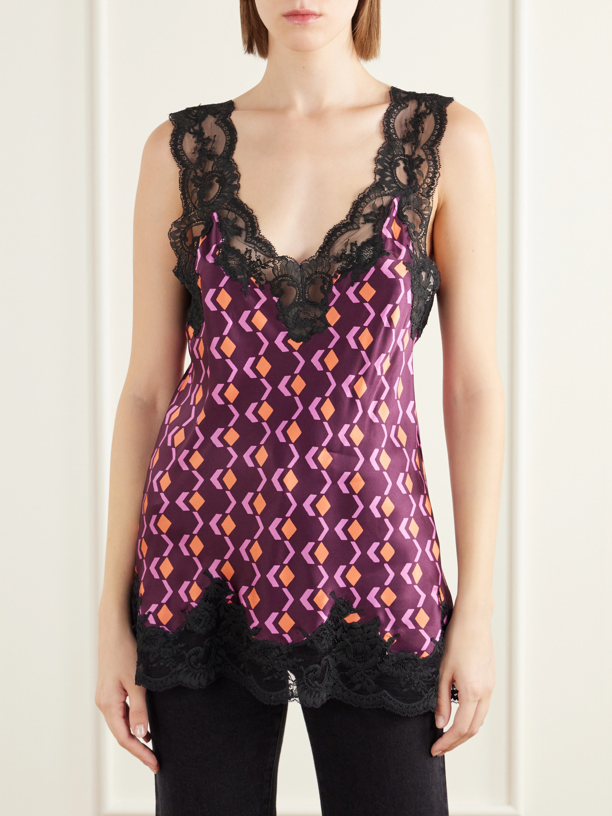 Printed Lace-Trimmed Silk-Satin Cami