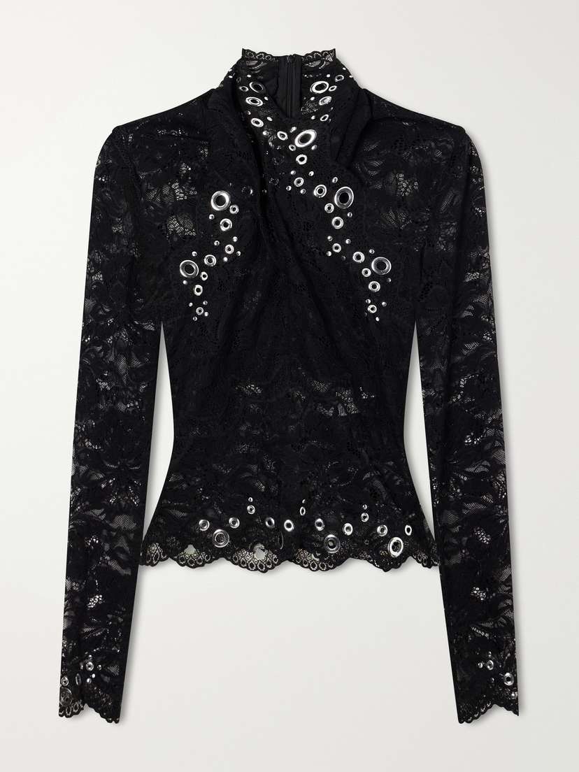 Eyelet-embellished Layered Lace Top