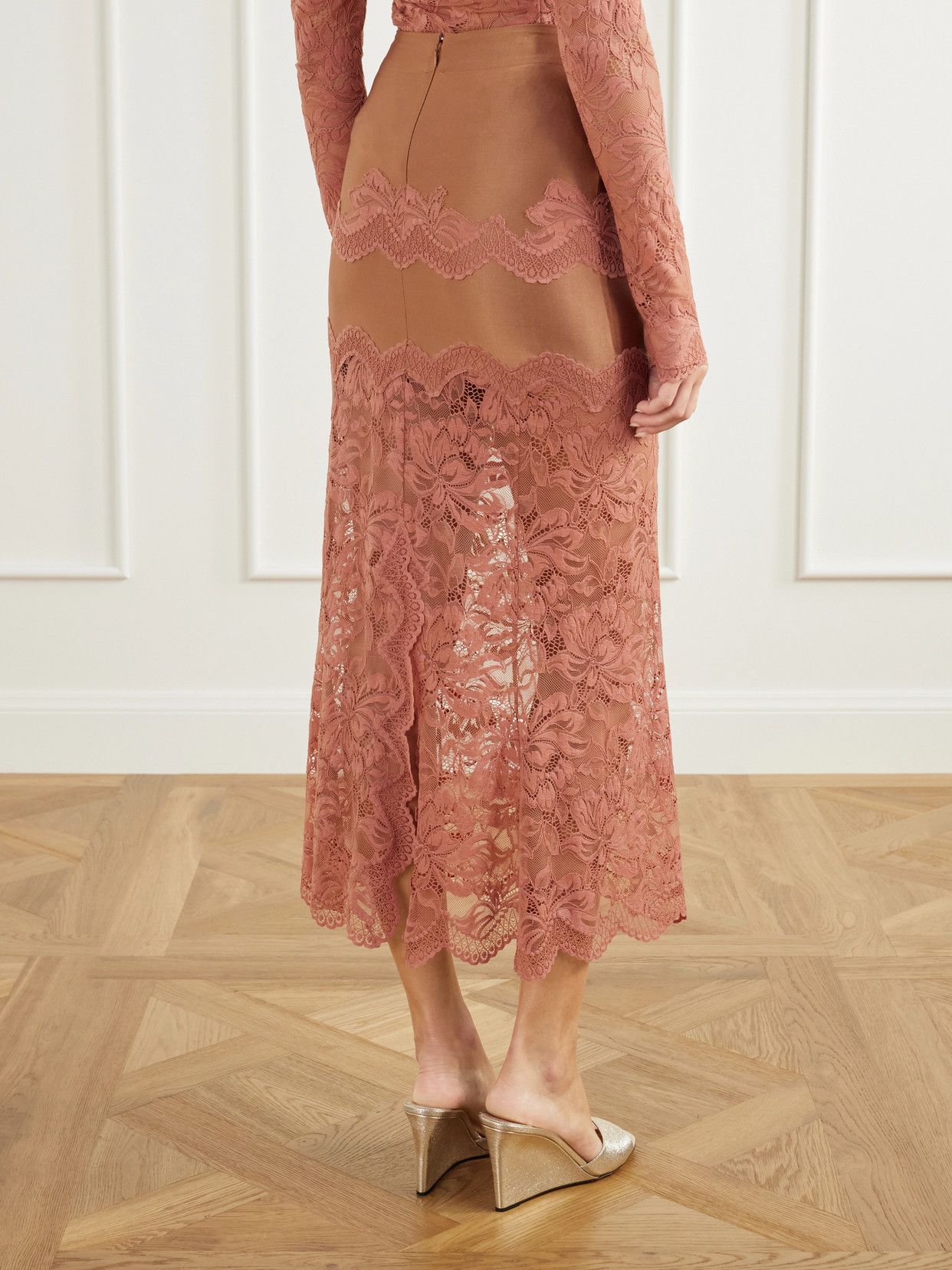 Lace-Trimmed Stretch-Satin Midi