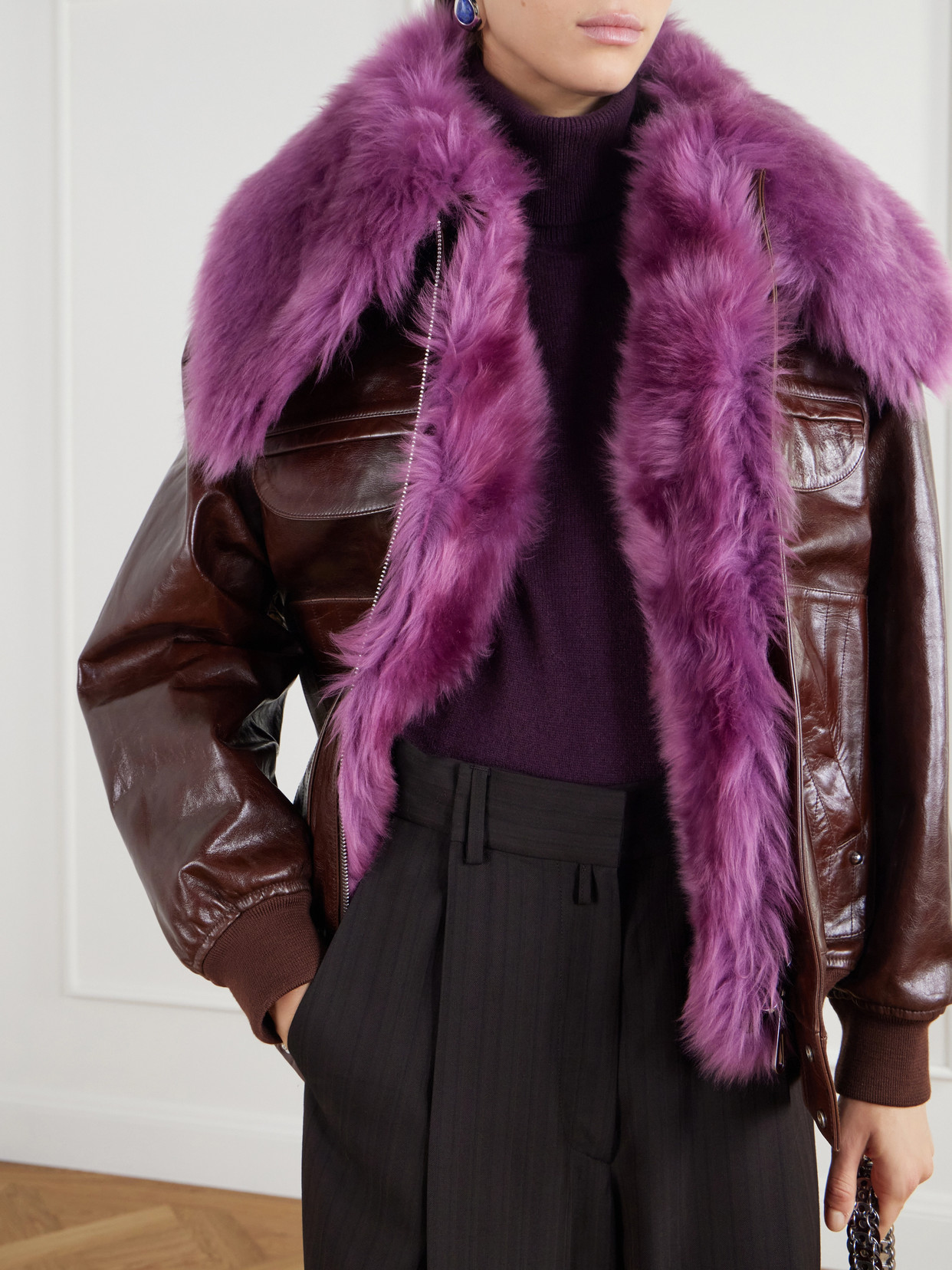 Shearling-Trimmed Leather Bomber Jacket