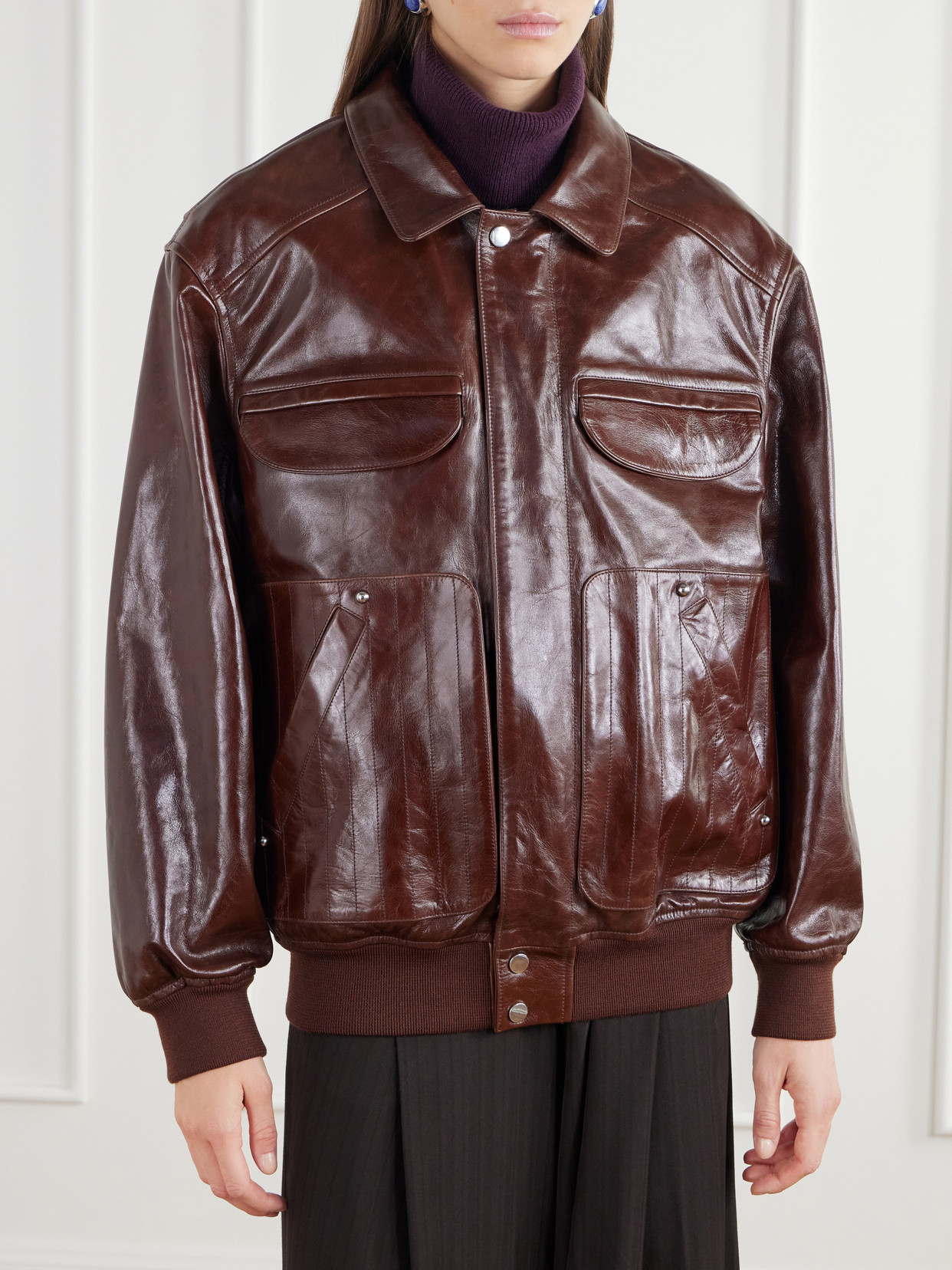 Shearling-Trimmed Leather Bomber Jacket
