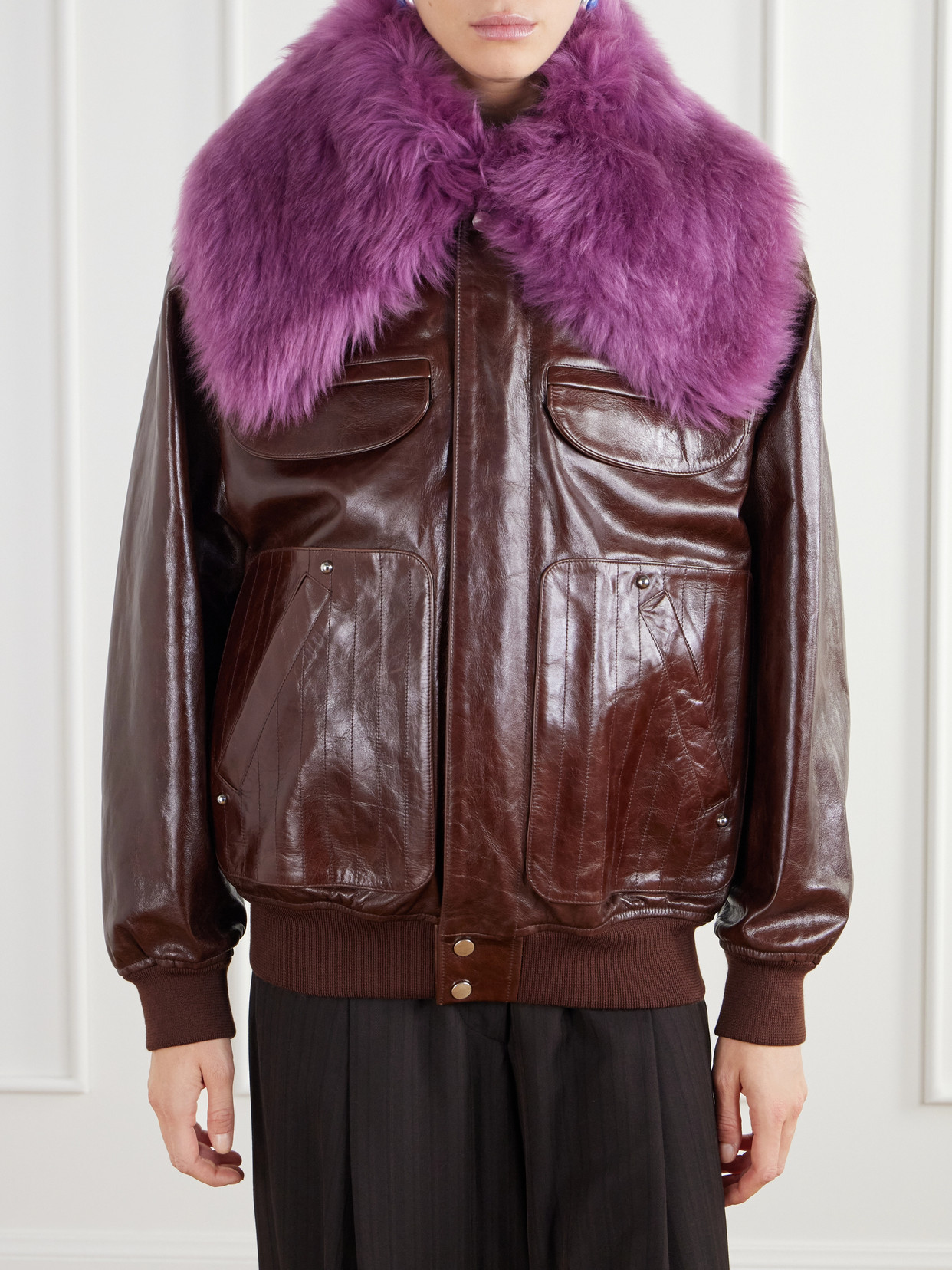 Shearling-Trimmed Leather Bomber Jacket