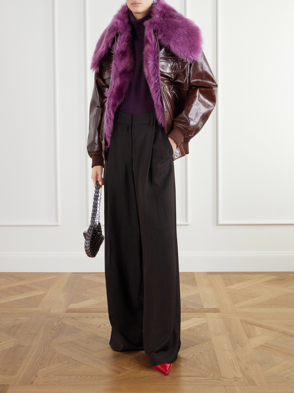 Shearling-Trimmed Leather Bomber Jacket
