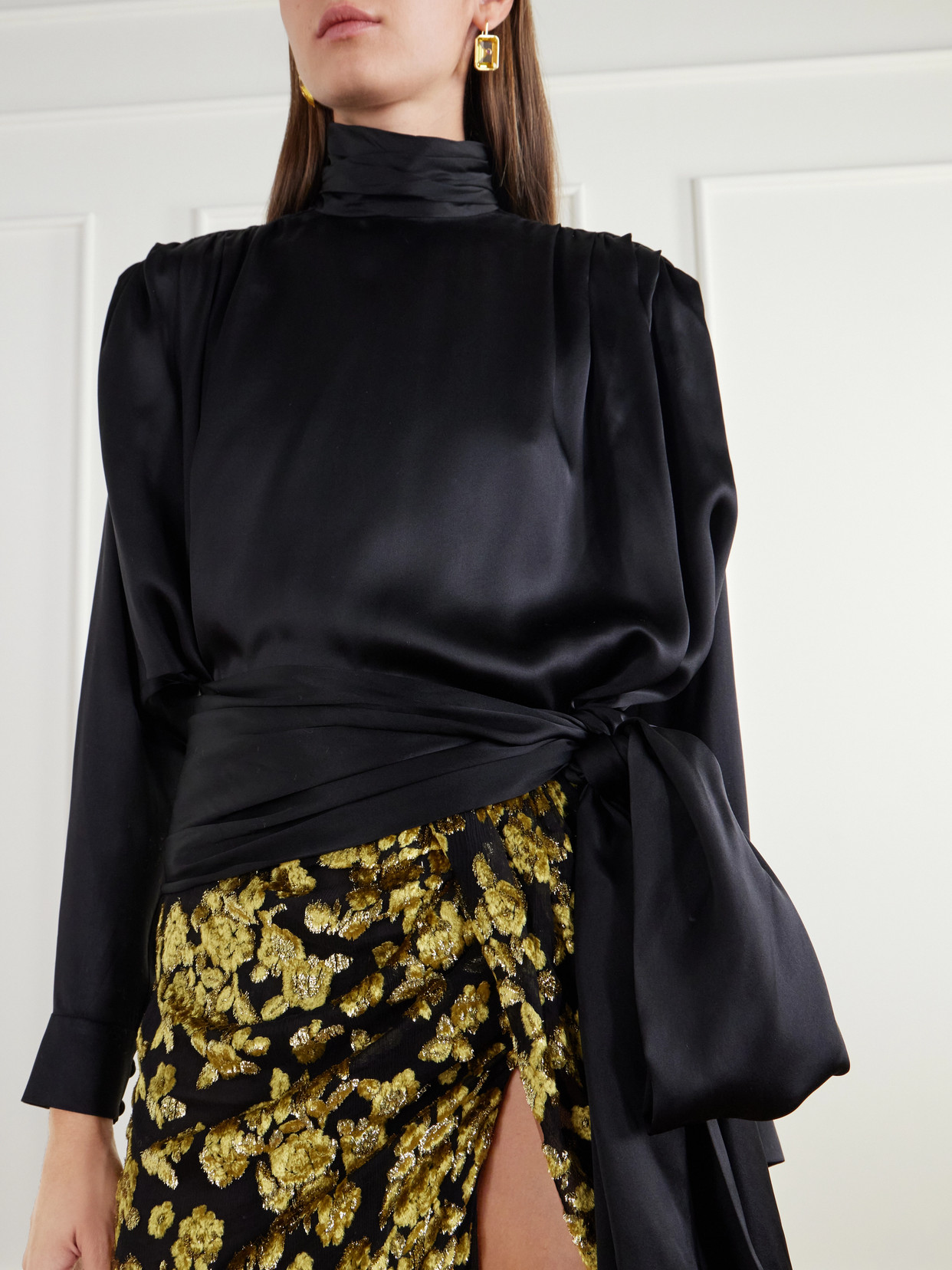 Belted Gathered Silk-Satin Blouse