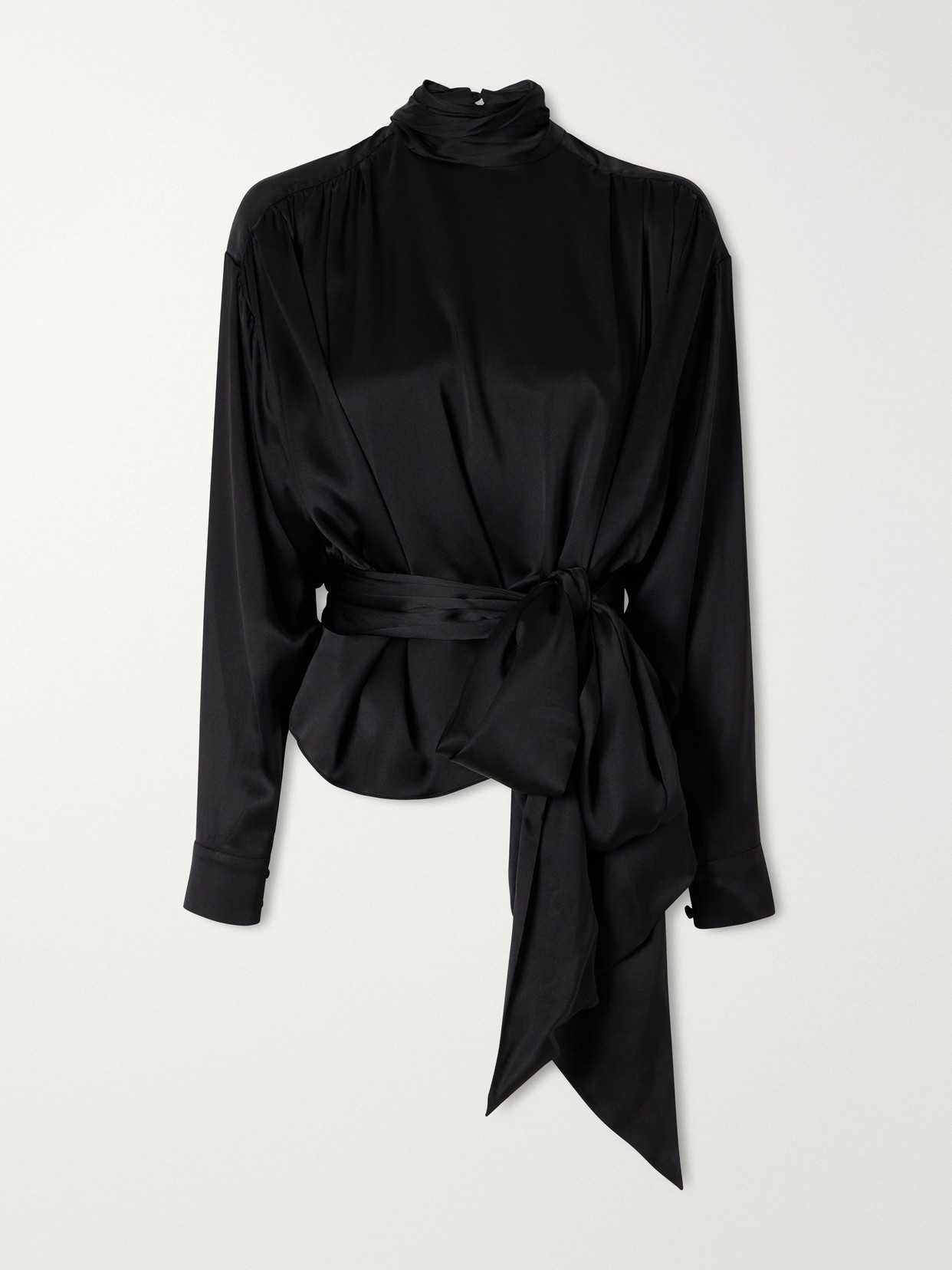 Belted Gathered Silk-Satin Blouse