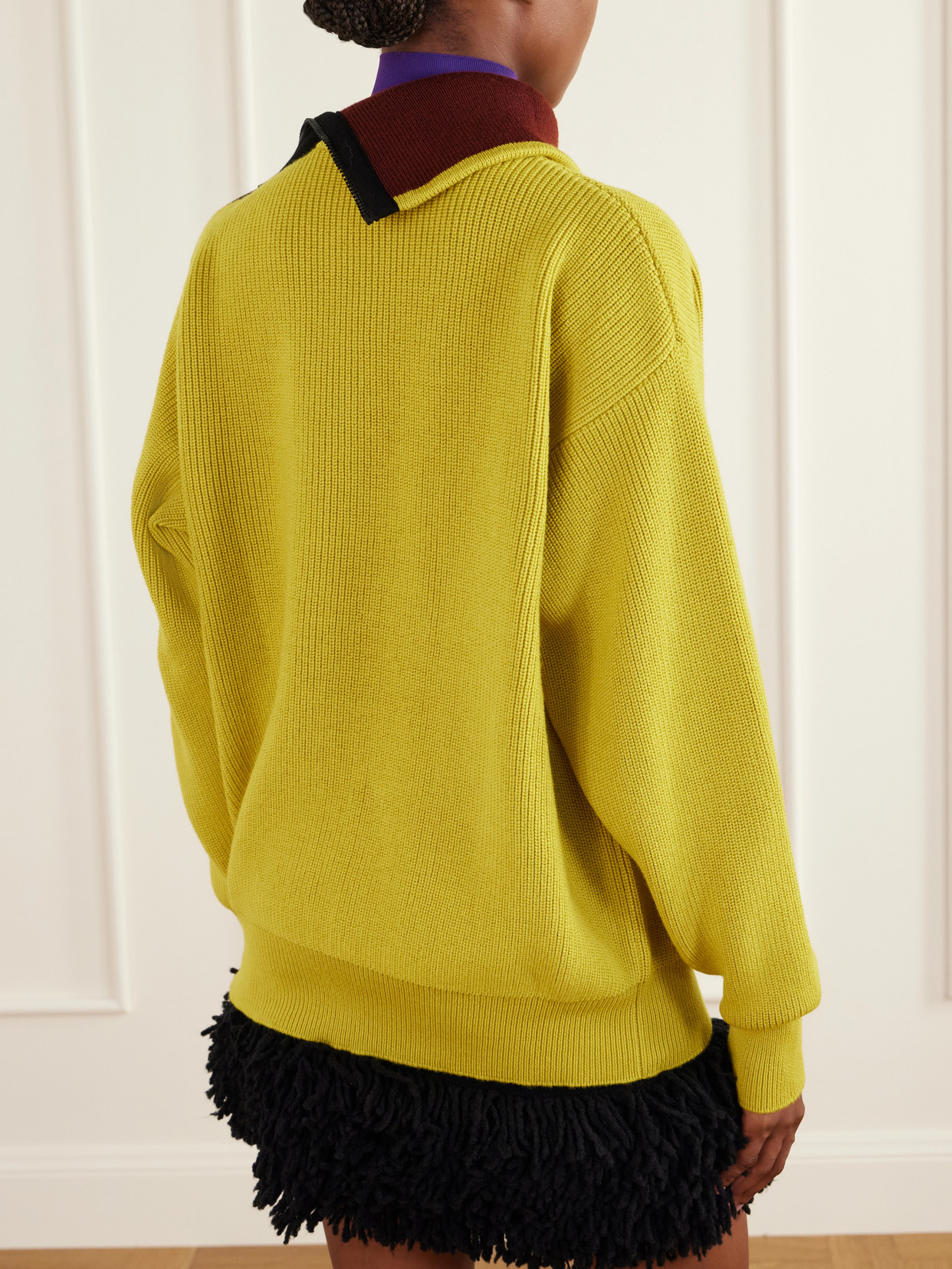 Zip-Detailed Leather-Trimmed Ribbed Wool-Blend Turtleneck Sweater
