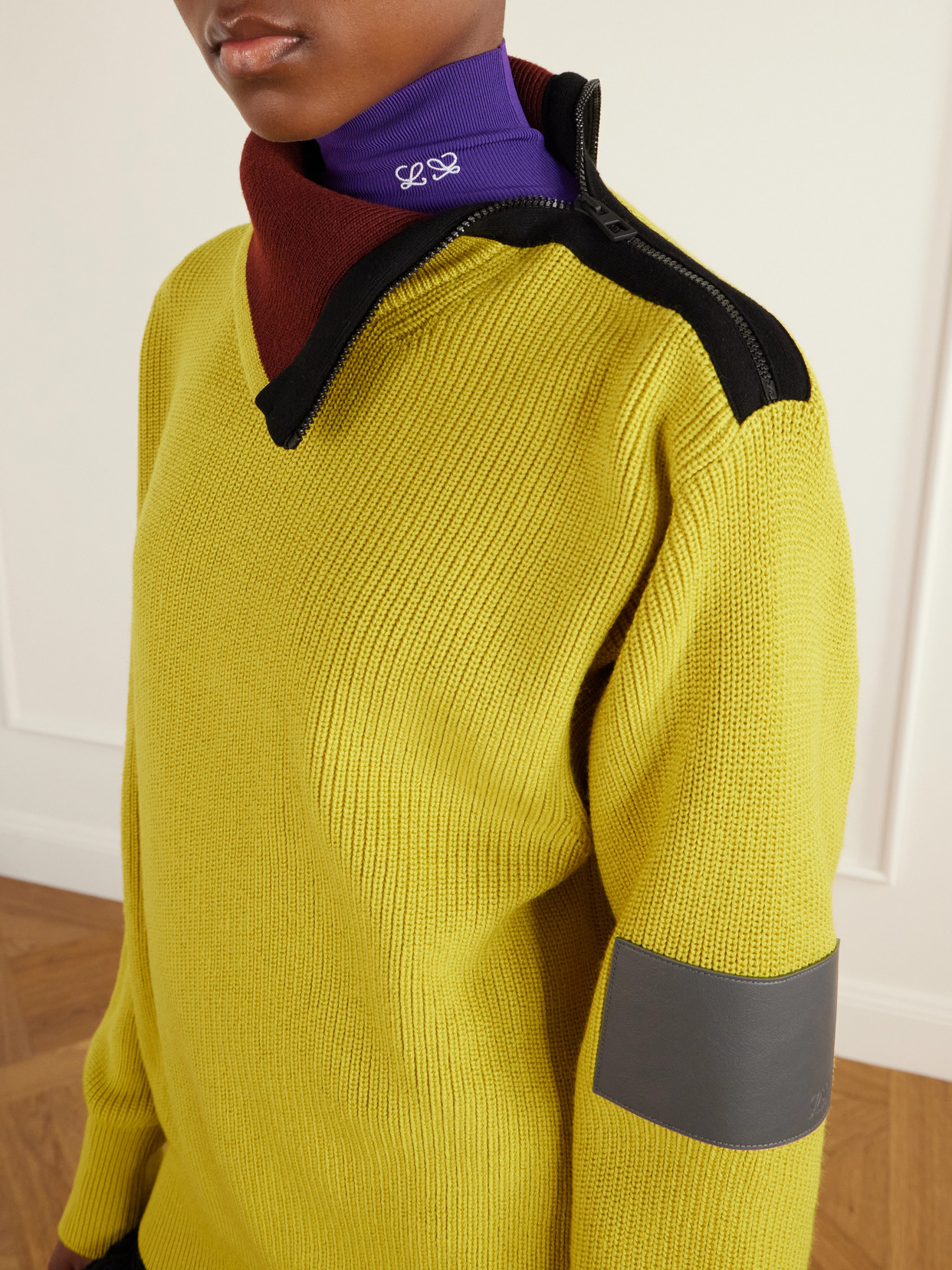 Zip-Detailed Leather-Trimmed Ribbed Wool-Blend Turtleneck Sweater