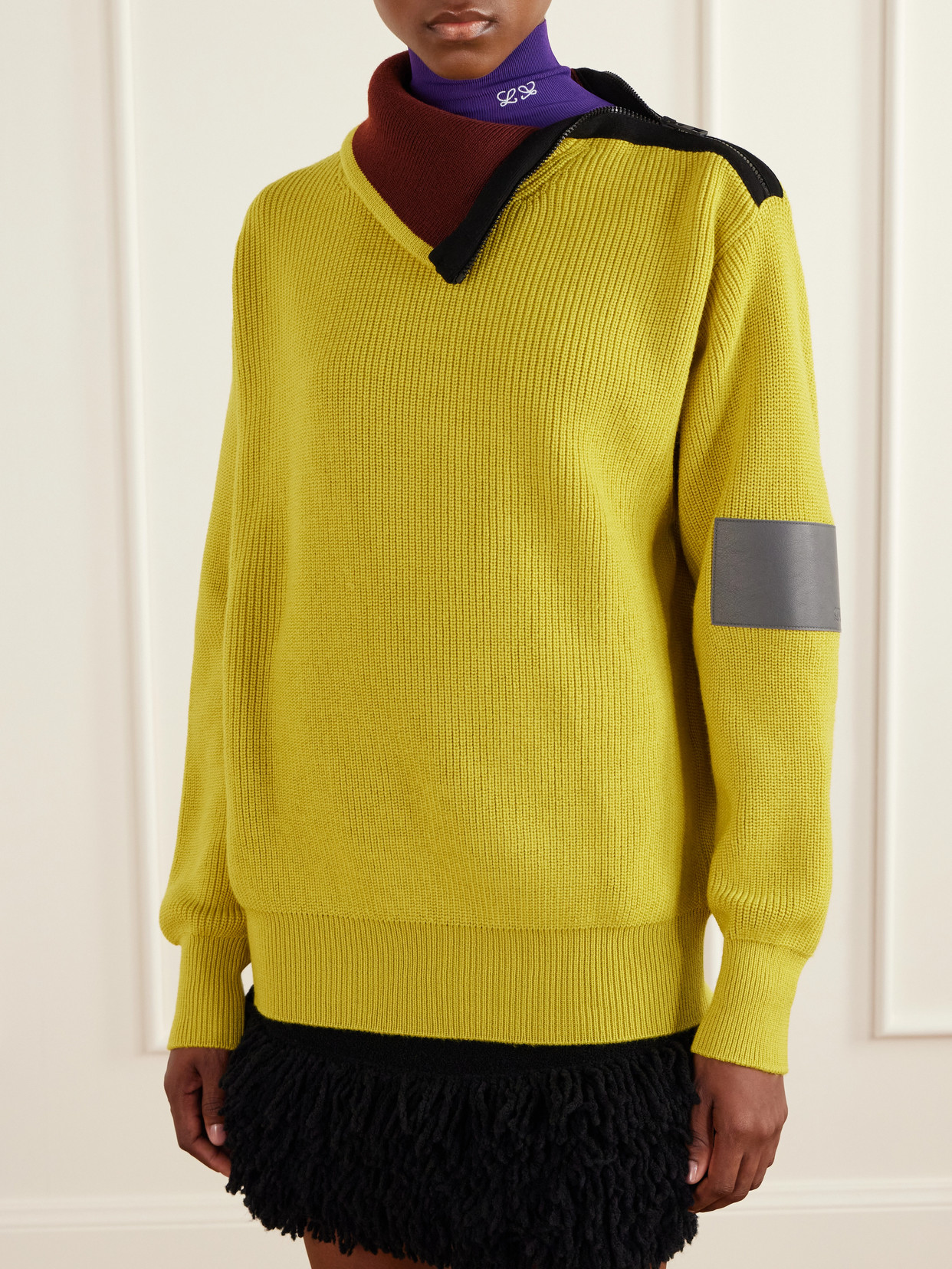 Zip-Detailed Leather-Trimmed Ribbed Wool-Blend Turtleneck Sweater