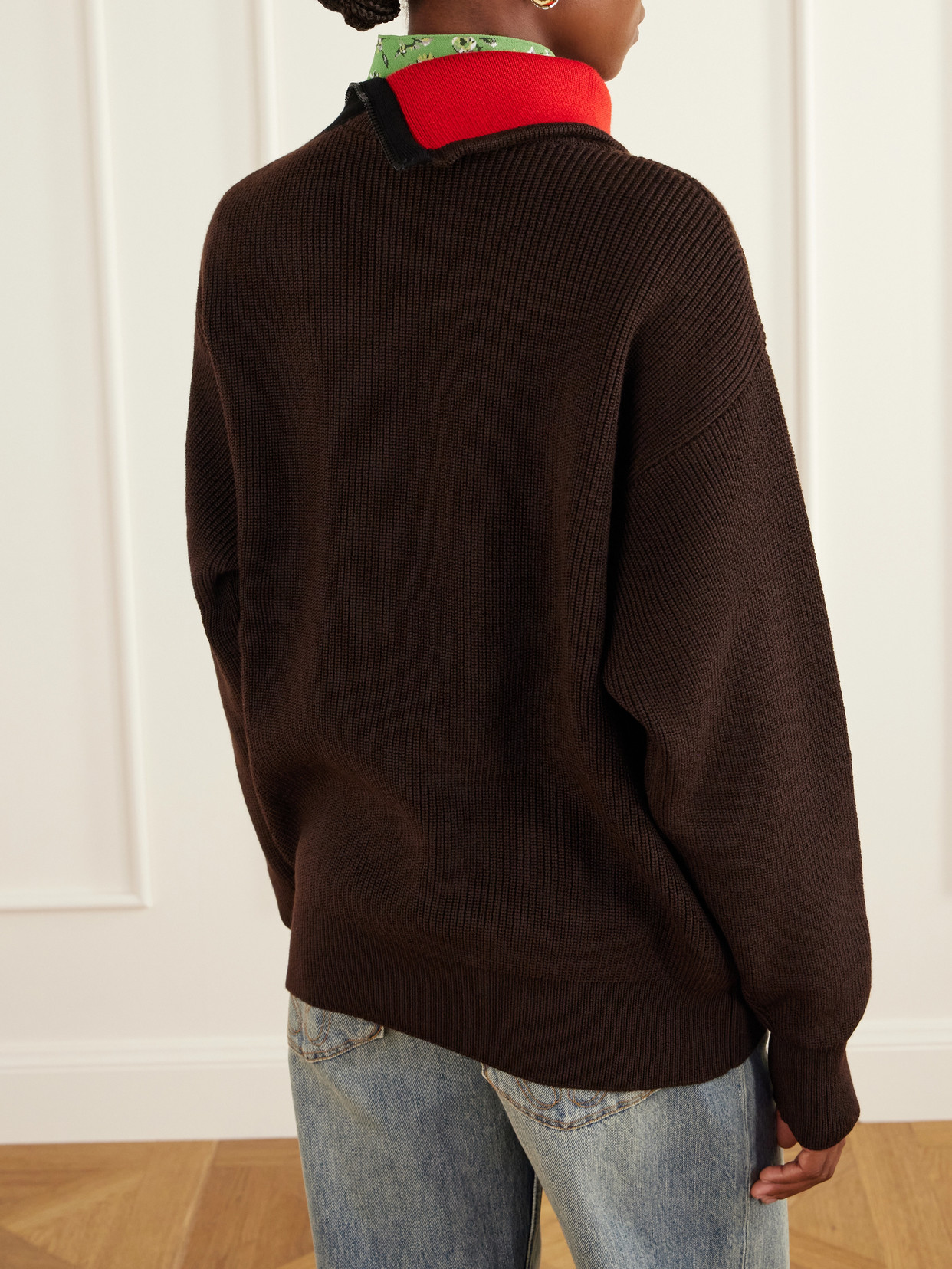 Zip-Detailed Leather-Trimmed Ribbed Wool-Blend Turtleneck