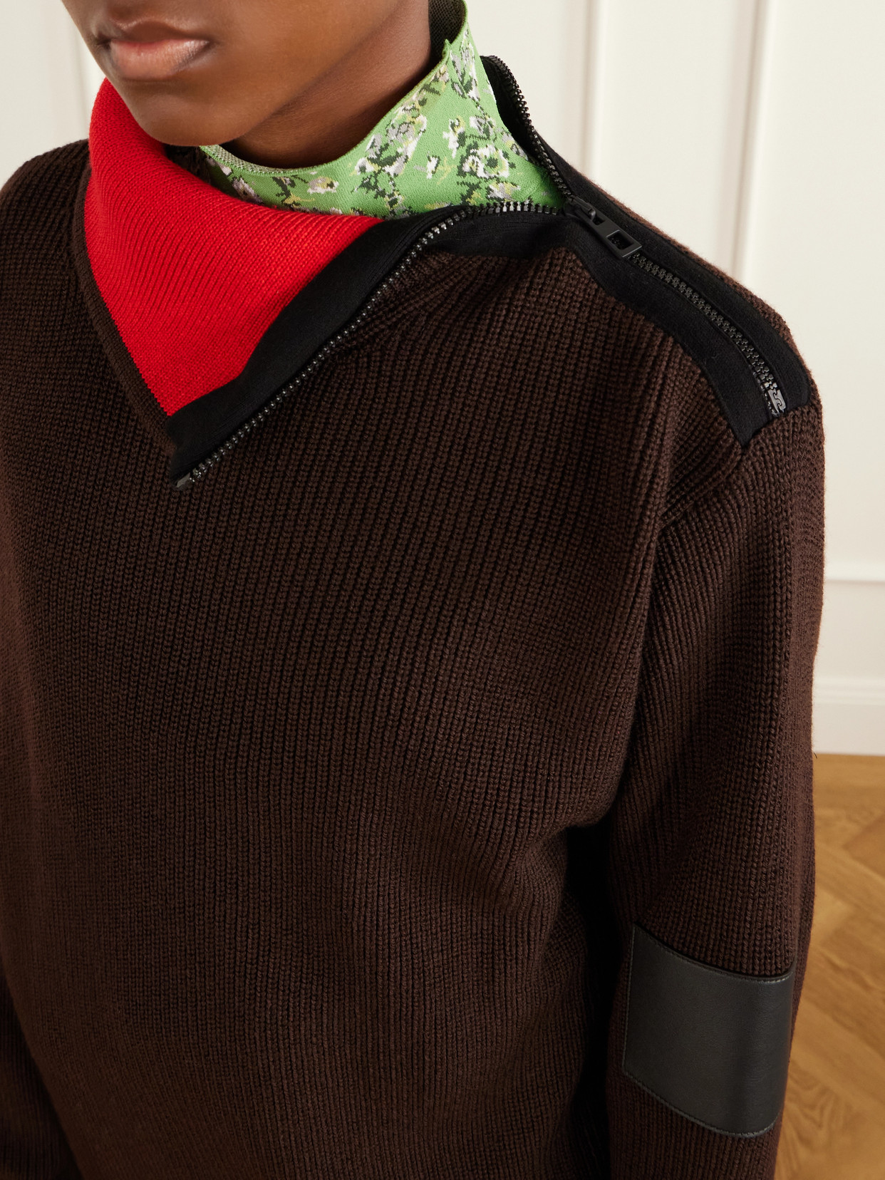 Zip-Detailed Leather-Trimmed Ribbed Wool-Blend Turtleneck