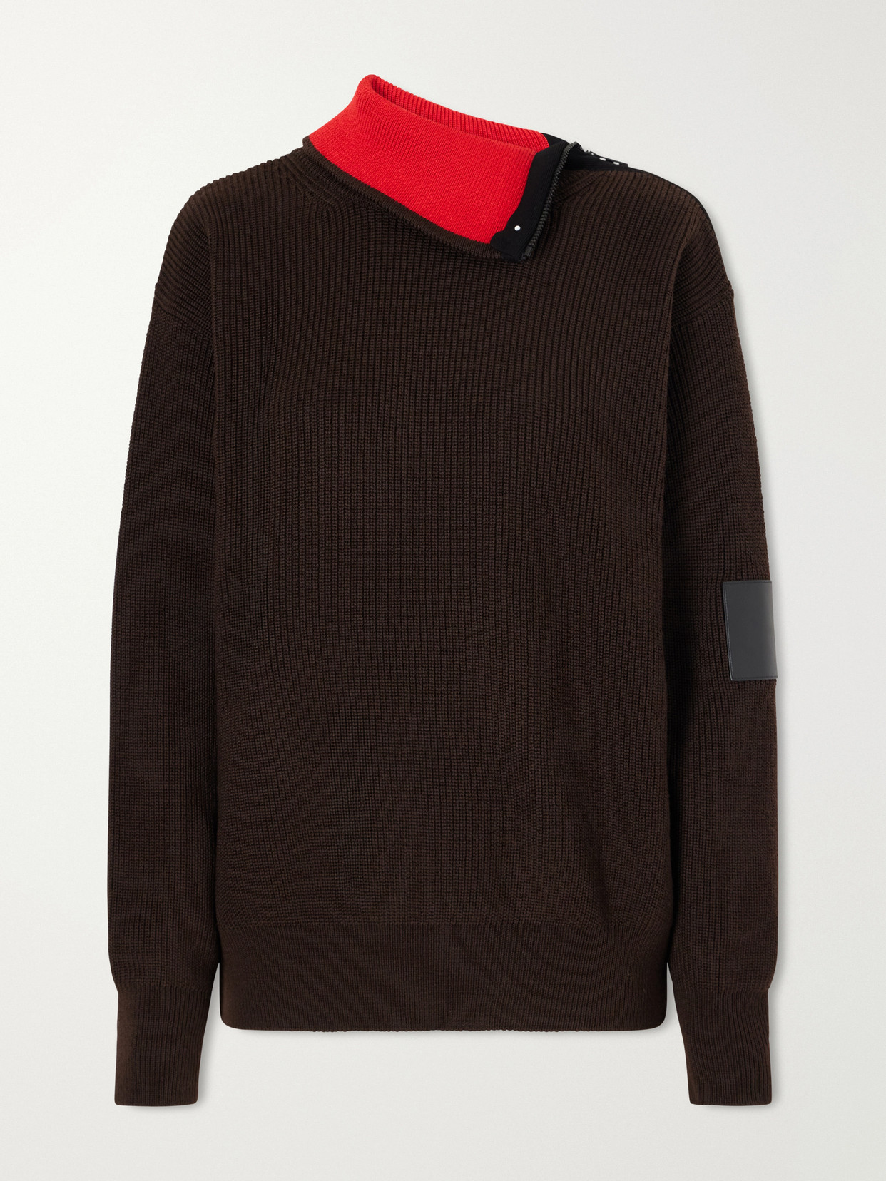 Zip-Detailed Leather-Trimmed Ribbed Wool-Blend Turtleneck