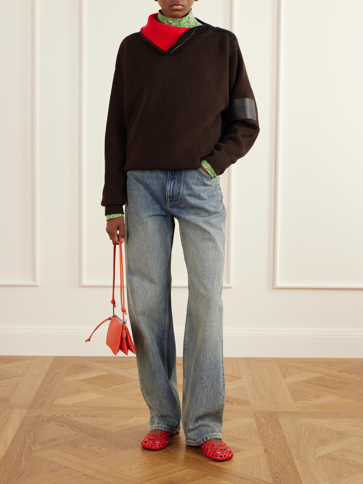 Zip-Detailed Leather-Trimmed Ribbed Wool-Blend Turtleneck