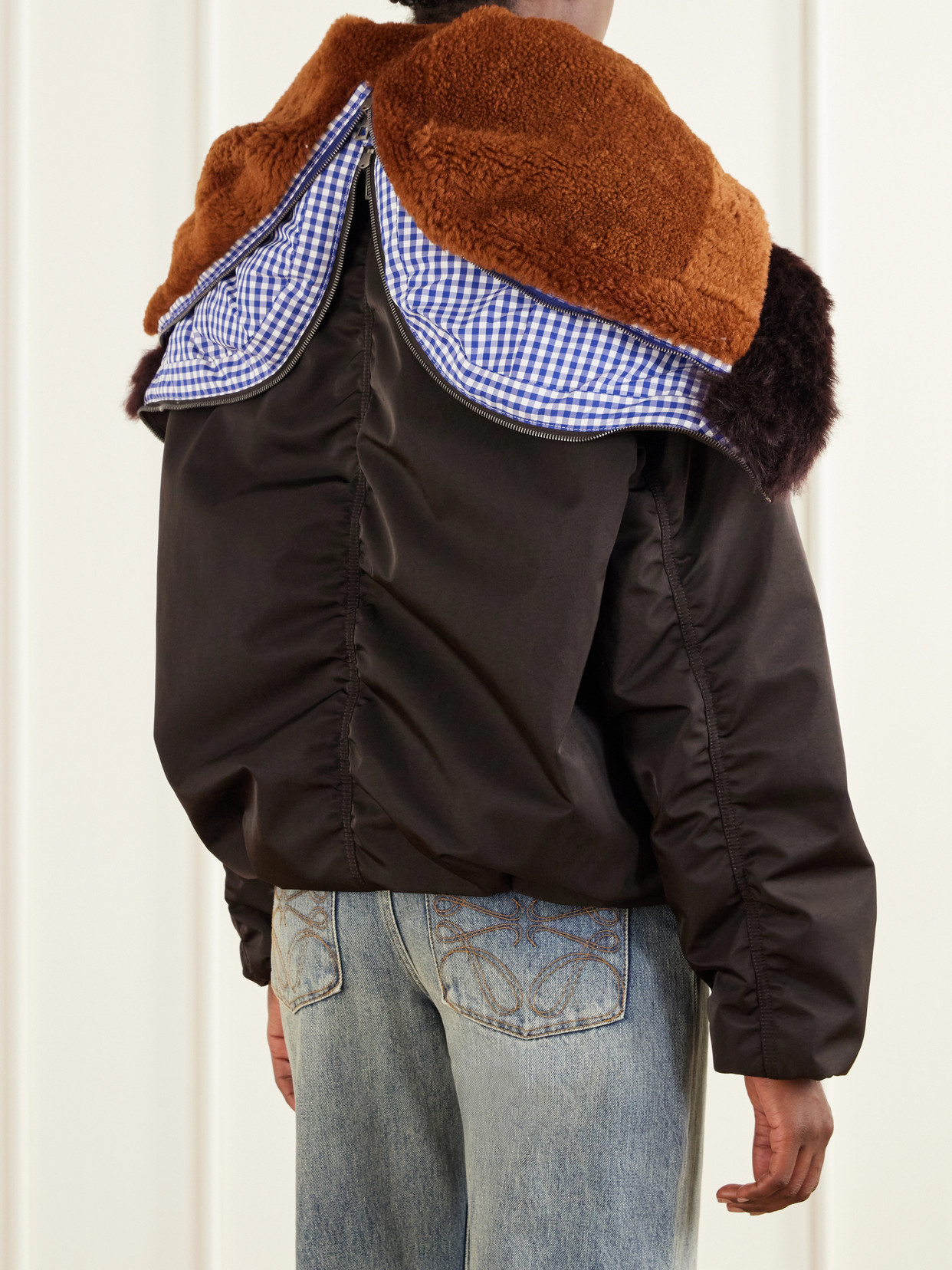 Gathered Shearling And Twill-Trimmed Shell Bomber Jacket