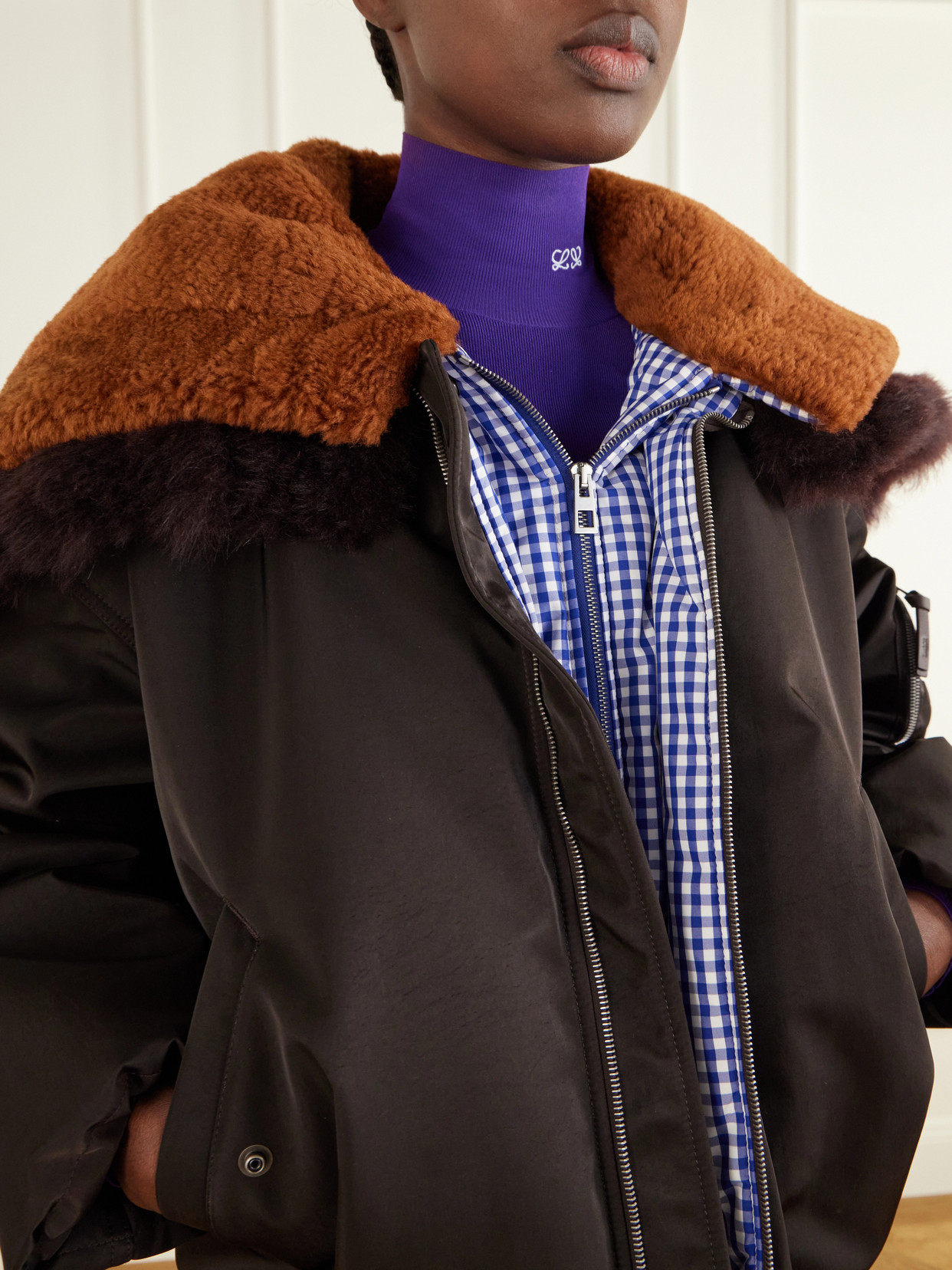 Gathered Shearling And Twill-Trimmed Shell Bomber Jacket
