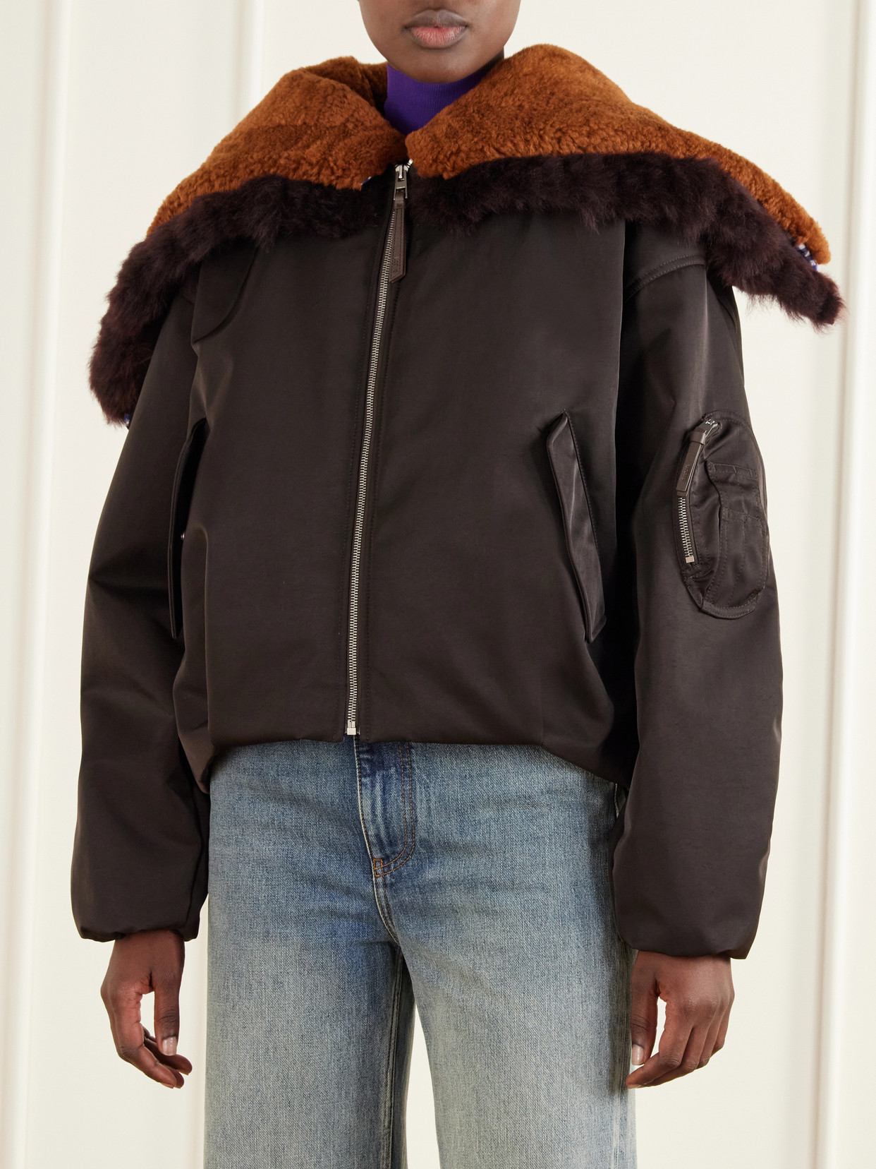 Gathered Shearling And Twill-Trimmed Shell Bomber Jacket