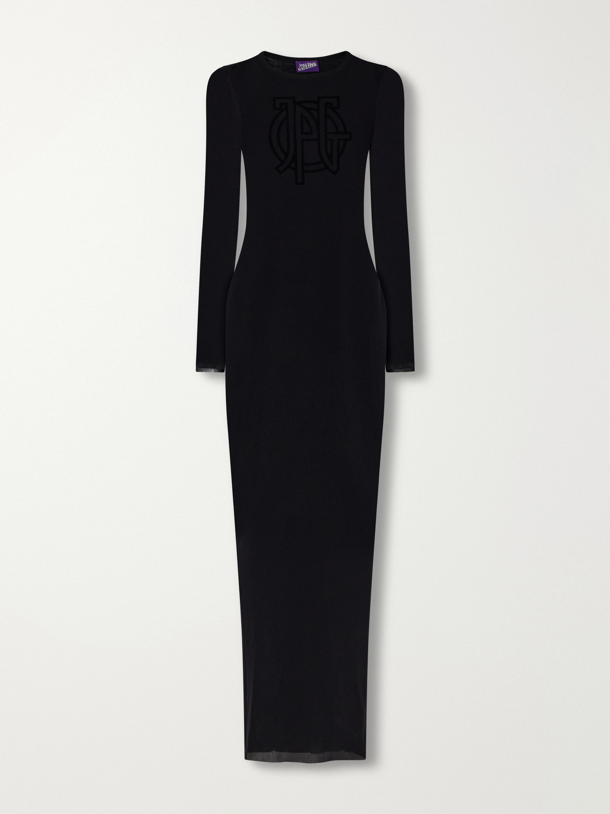 Jean Paul Gaultier Logo Embellished Mesh Maxi Dress In Black