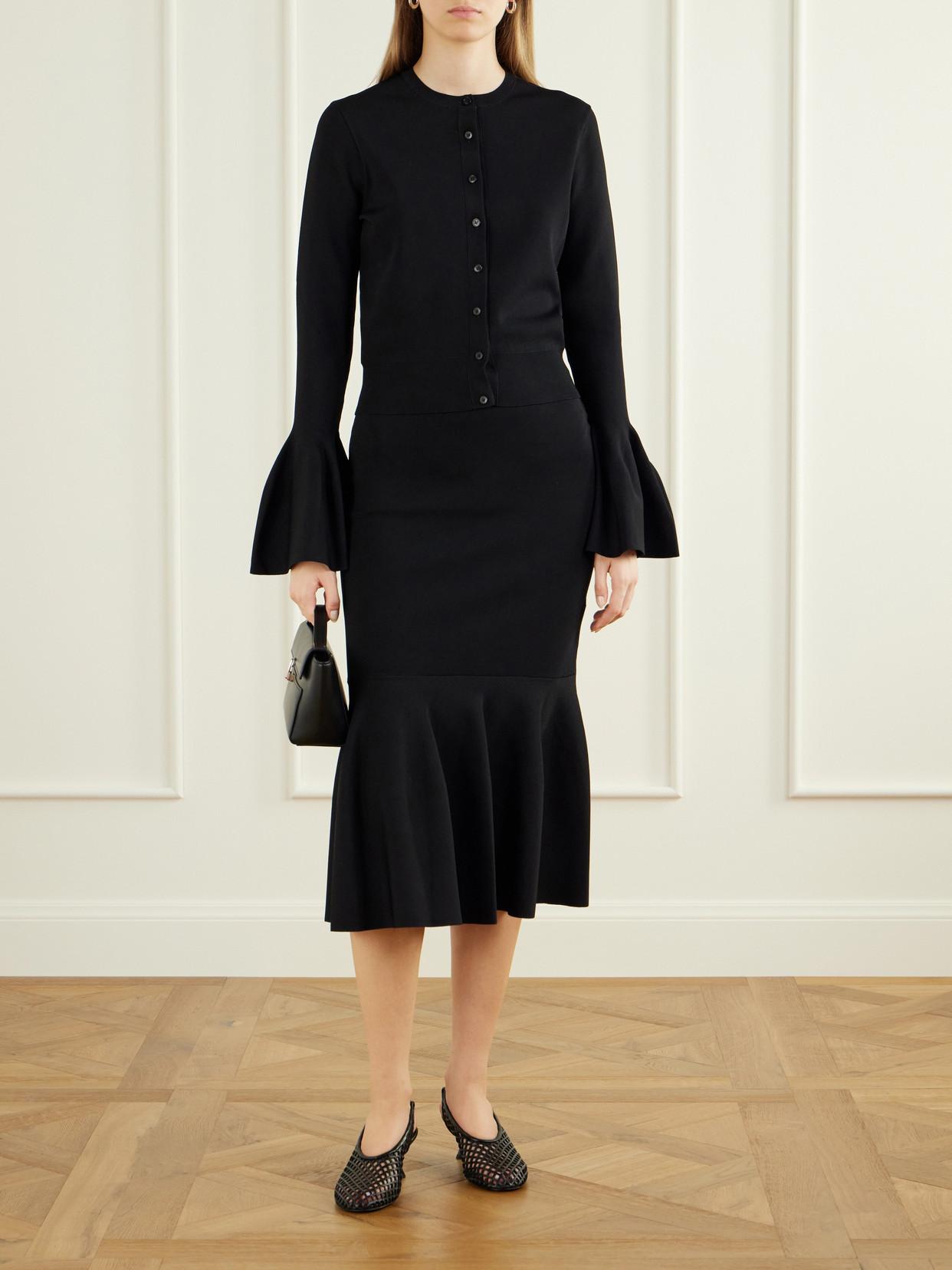 Stella Mccartney Compact-knit Flared Midi Skirt In Black