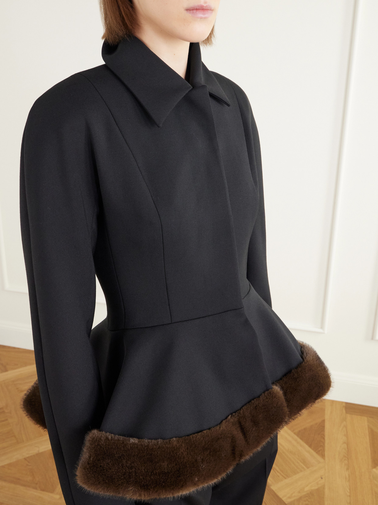 Plush-Trimmed Twill Peplum Jacket