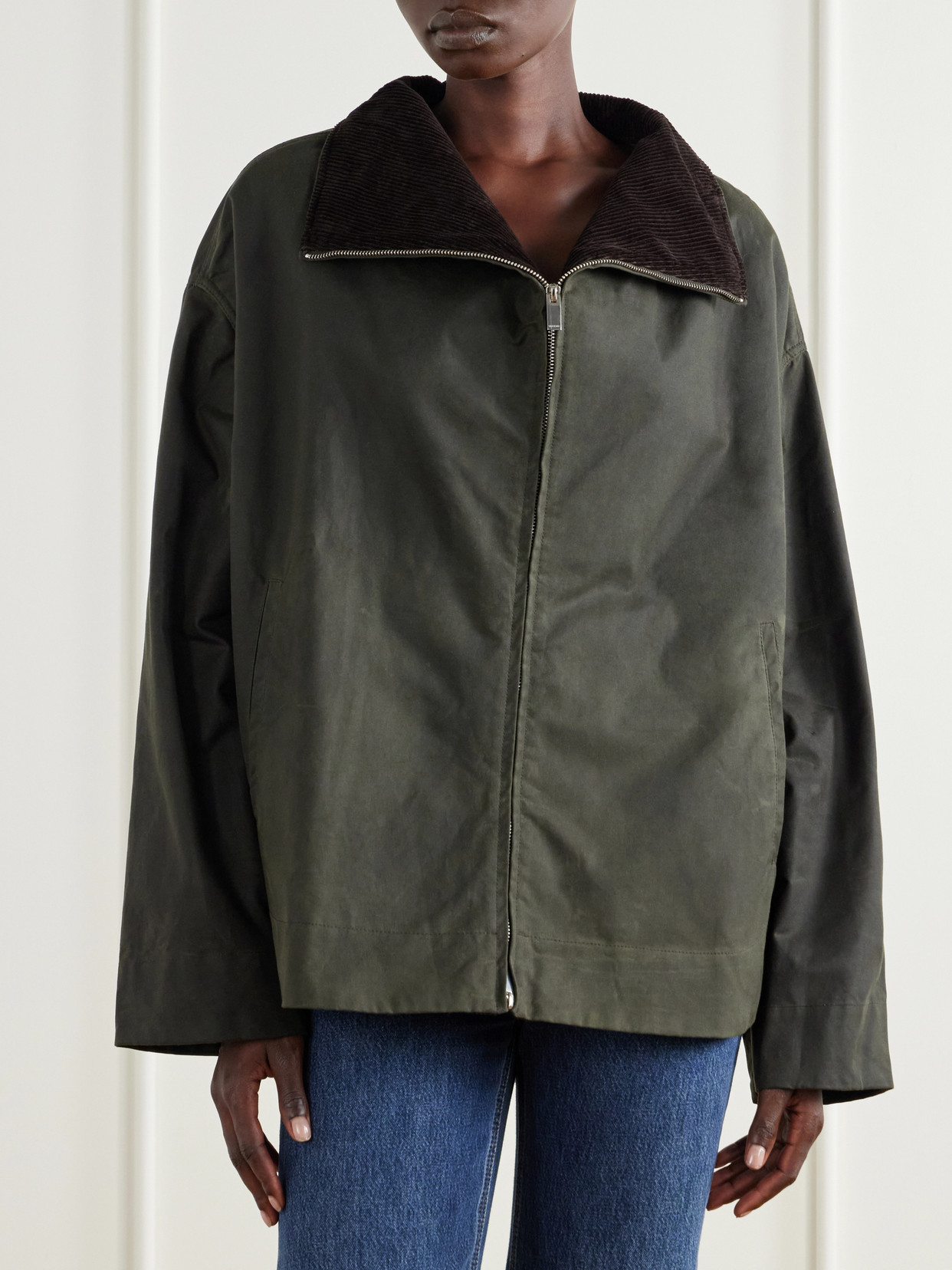 Corduroy-Trimmed Waxed-Cotton Jacket