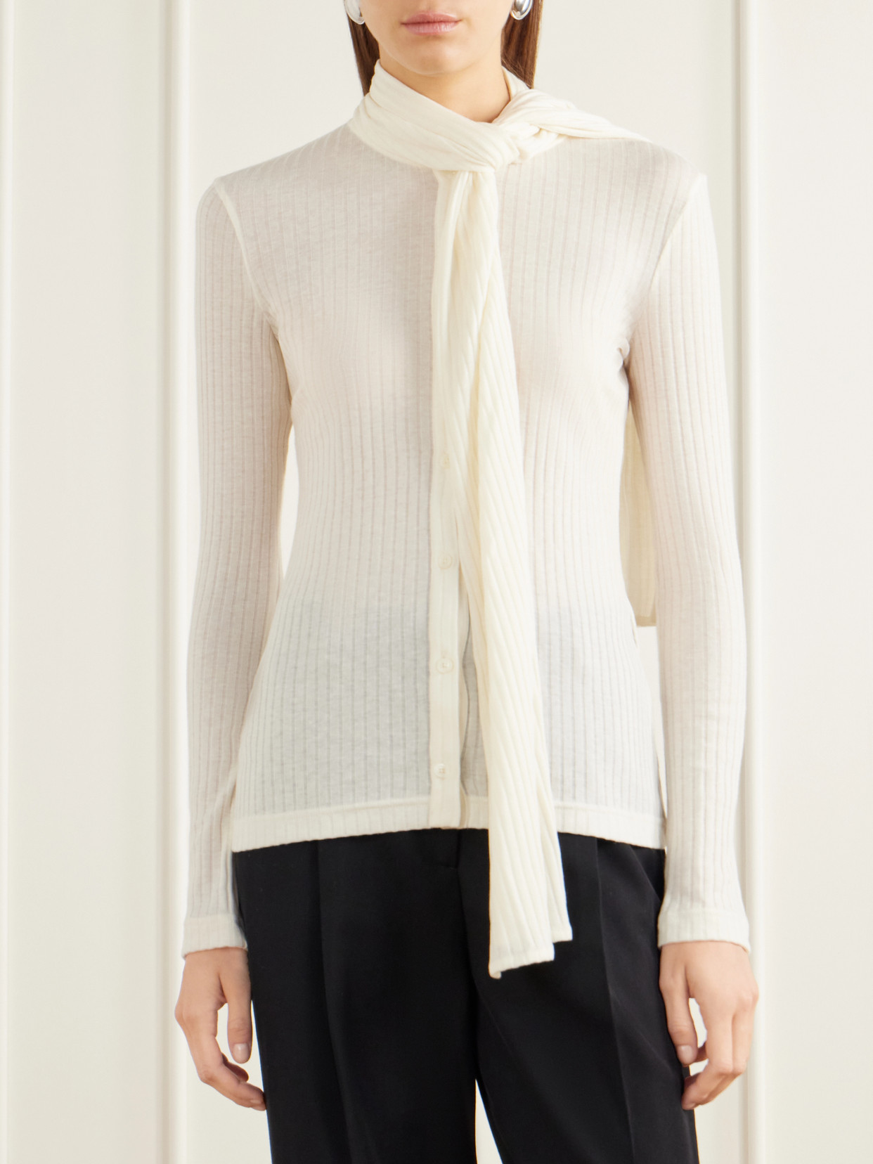 Scarf-Detailed Ribbed Lyocell-Blend Blouse