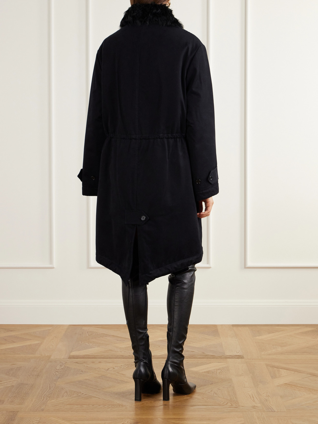 Double-Breasted Shearling-Trimmed Organic Cotton Woven Coat