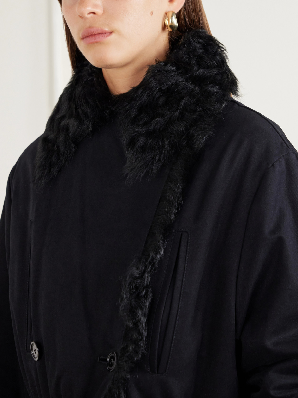 Double-Breasted Shearling-Trimmed Organic Cotton Woven Coat