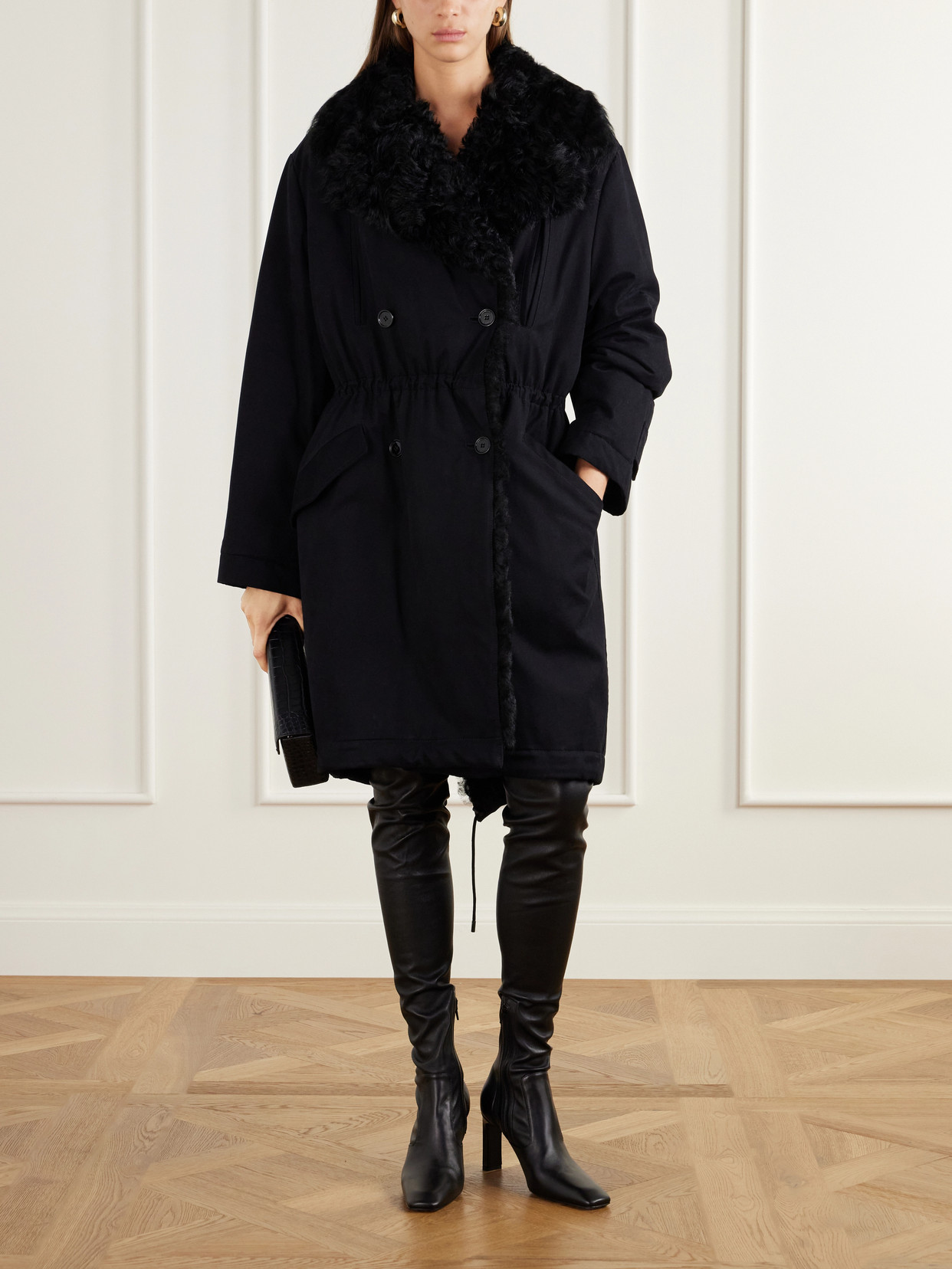 Double-Breasted Shearling-Trimmed Organic Cotton Woven Coat