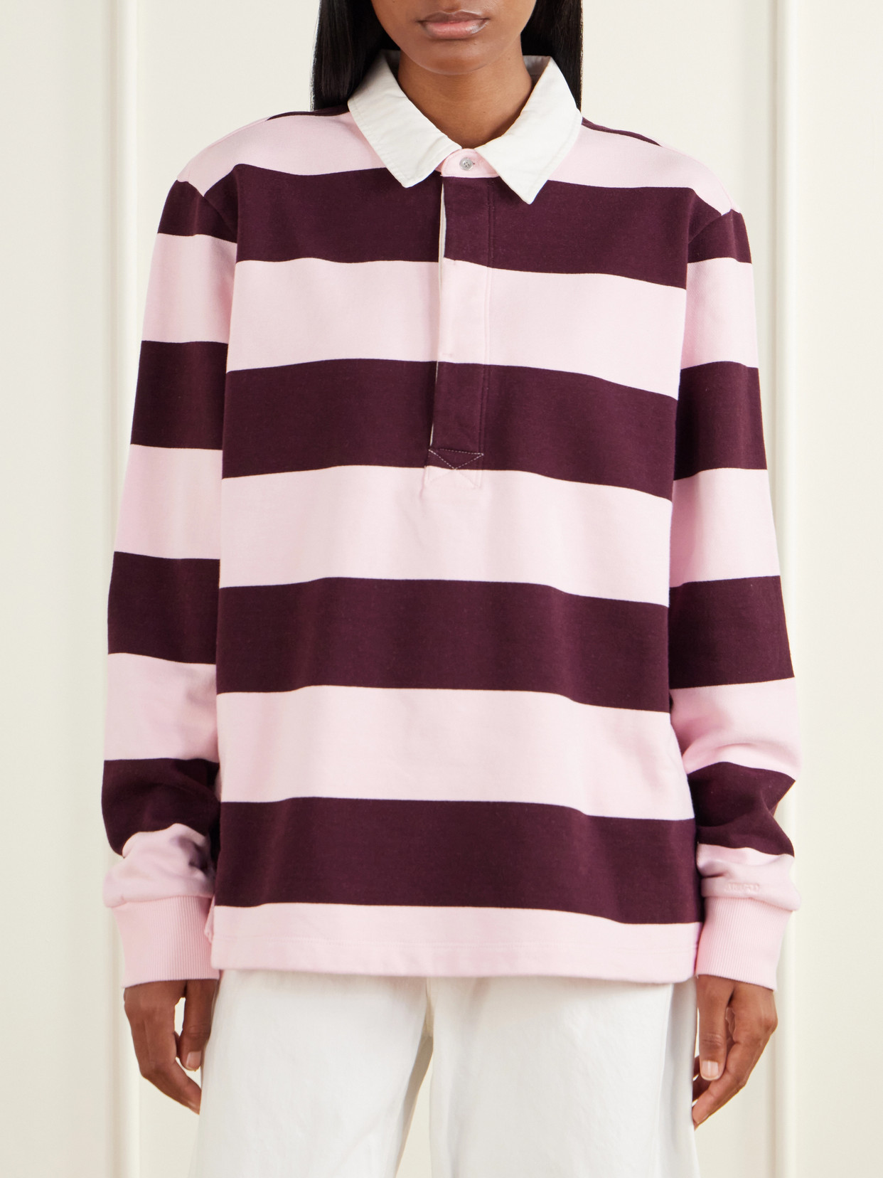Boyfriend Fleece Striped Cotton-Jersey Polo