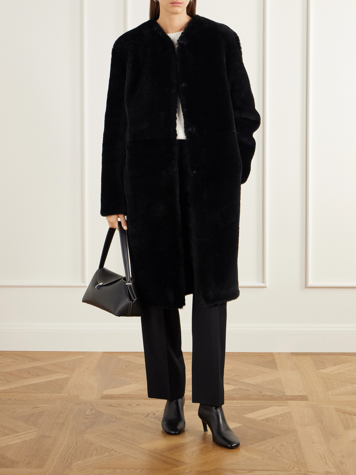 Collarless Shearling Coat