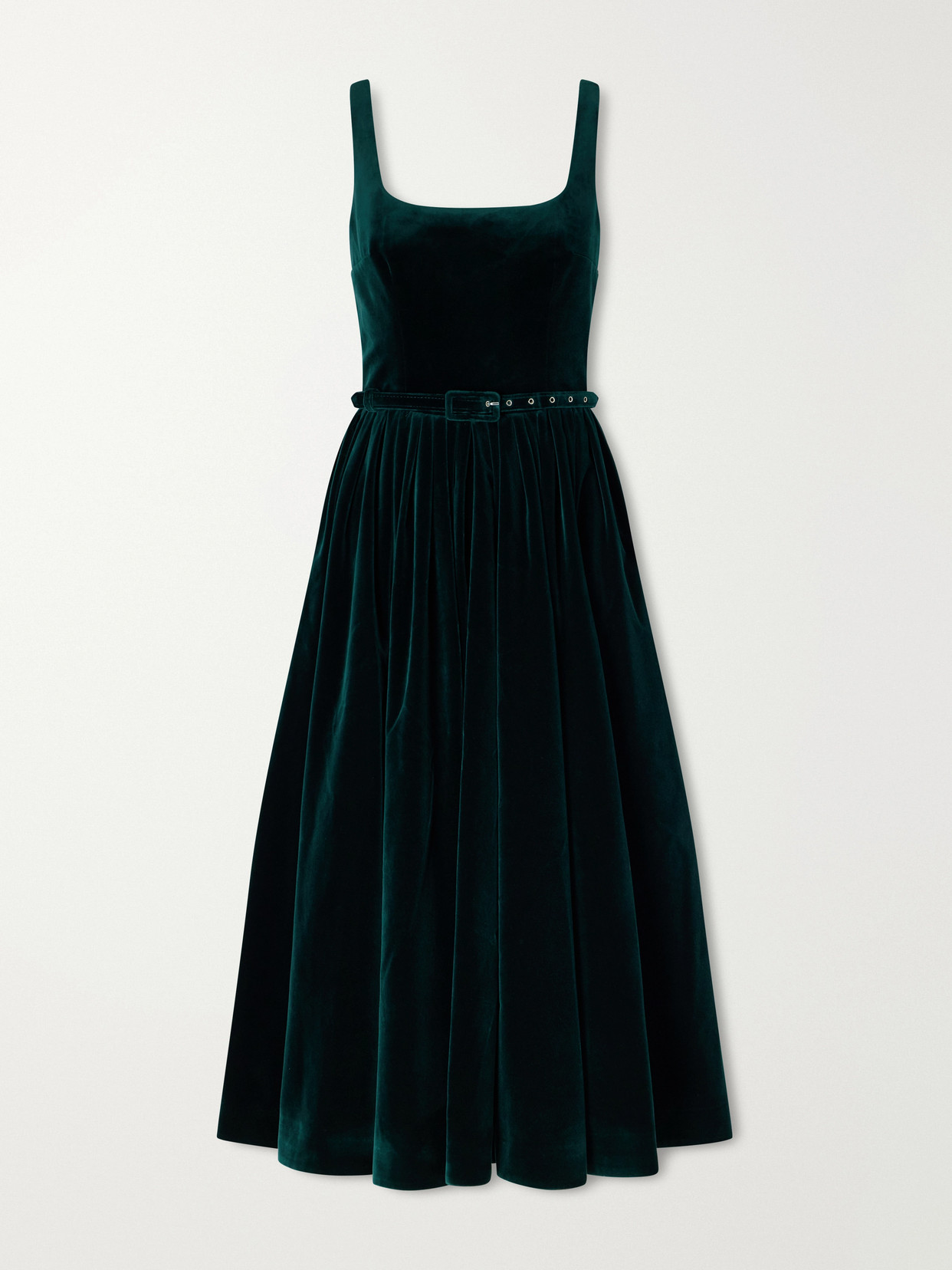 Emilia Wickstead Eagle Belted Pleated Cotton-velvet Midi Dress In Green