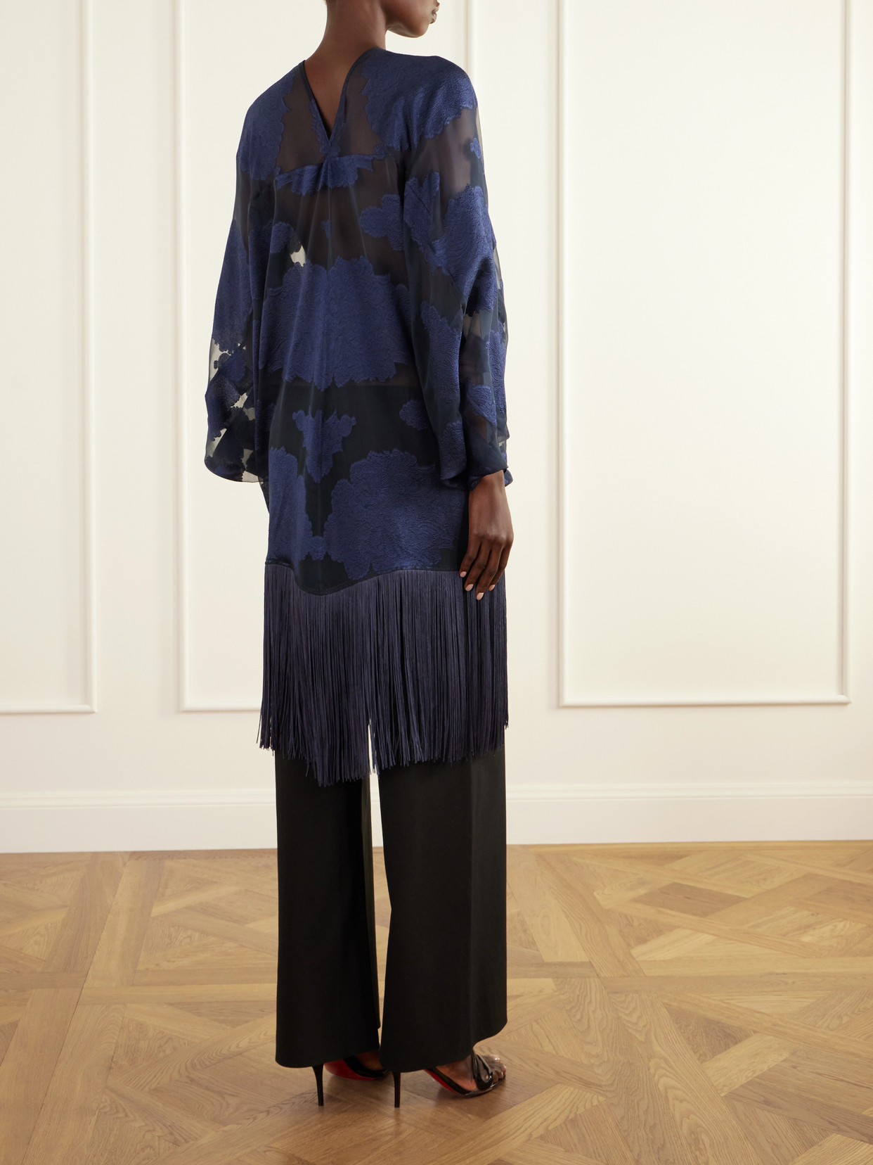 1920 Fringe-Trimmed Silk-Chiffon Fil Coupé Blouse