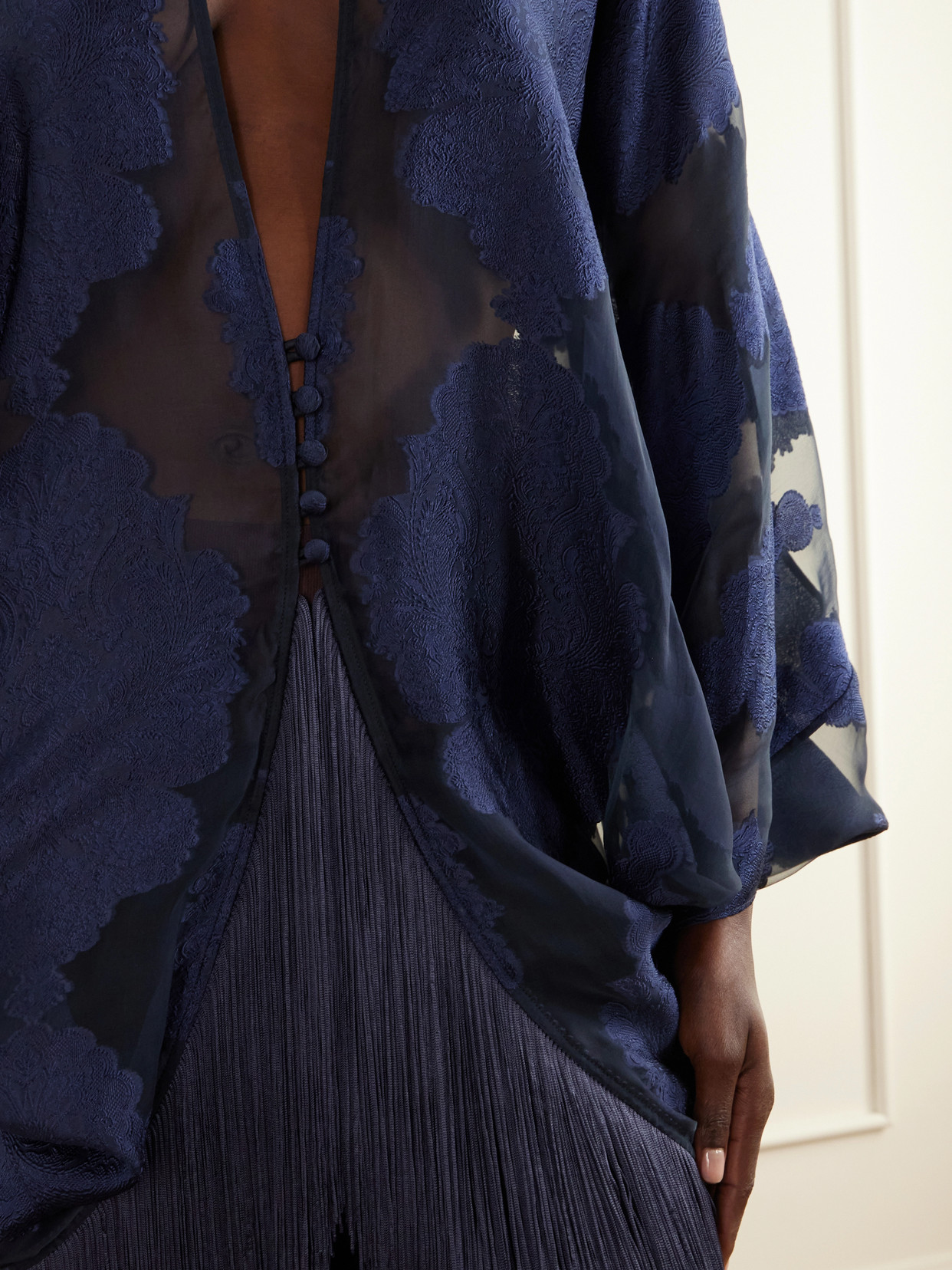 1920 Fringe-Trimmed Silk-Chiffon Fil Coupé Blouse