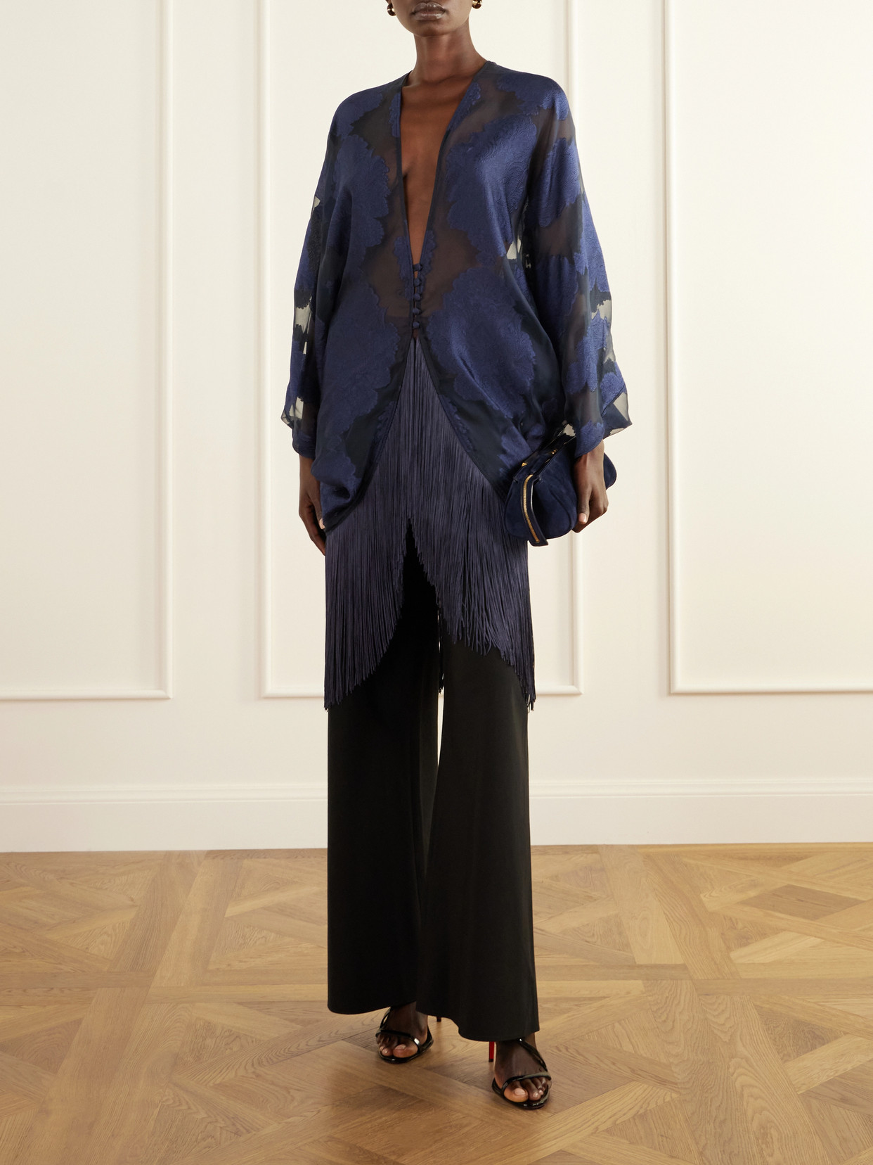 1920 Fringe-Trimmed Silk-Chiffon Fil Coupé Blouse