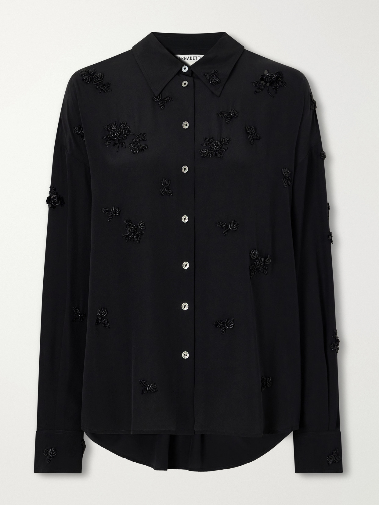 Bernadette Everett Floral-embellished Silk Shirt In Black