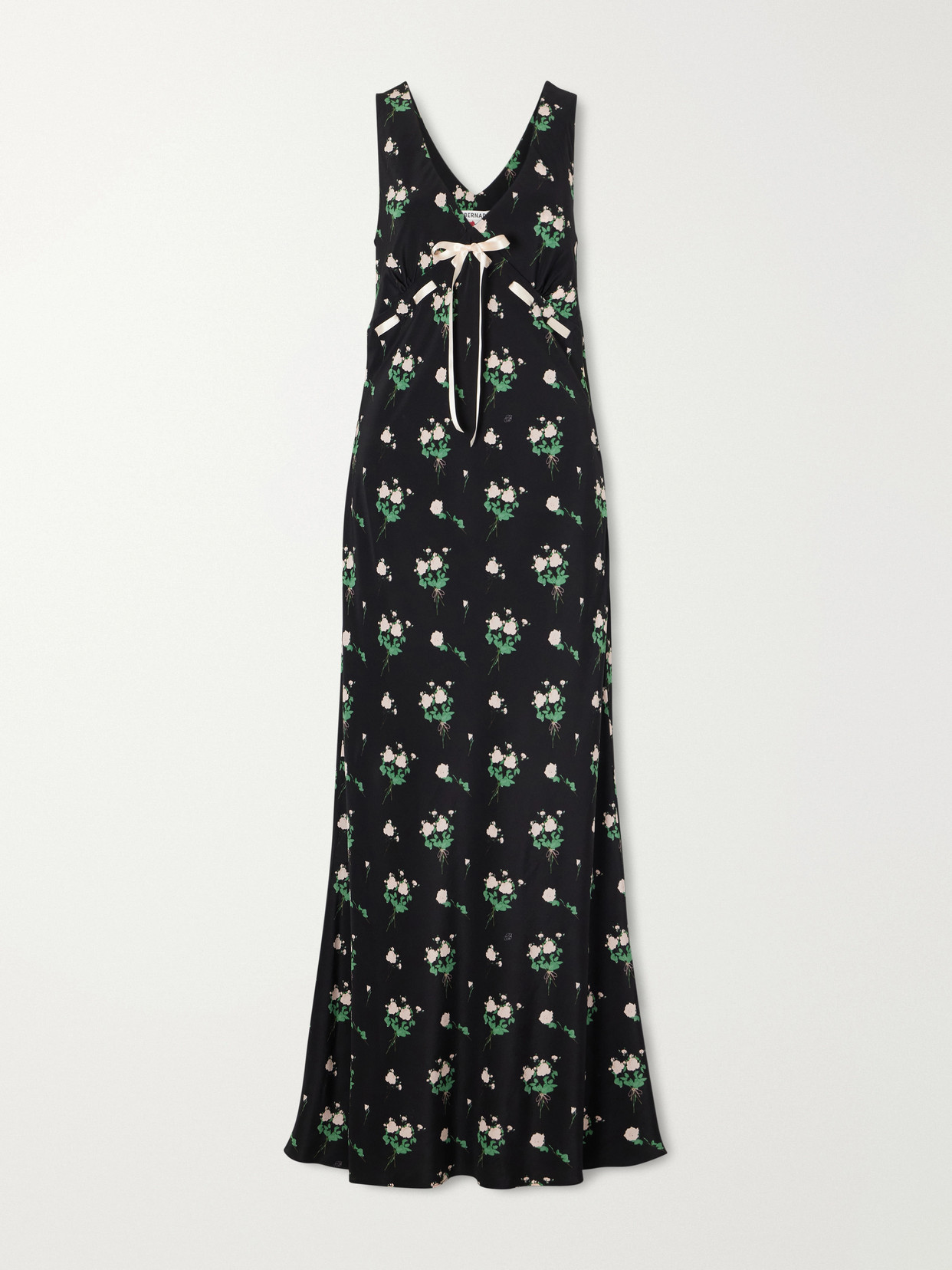 Bernadette Camille Bow-detailed Floral-print Silk Crepe De Chine Gown In Black