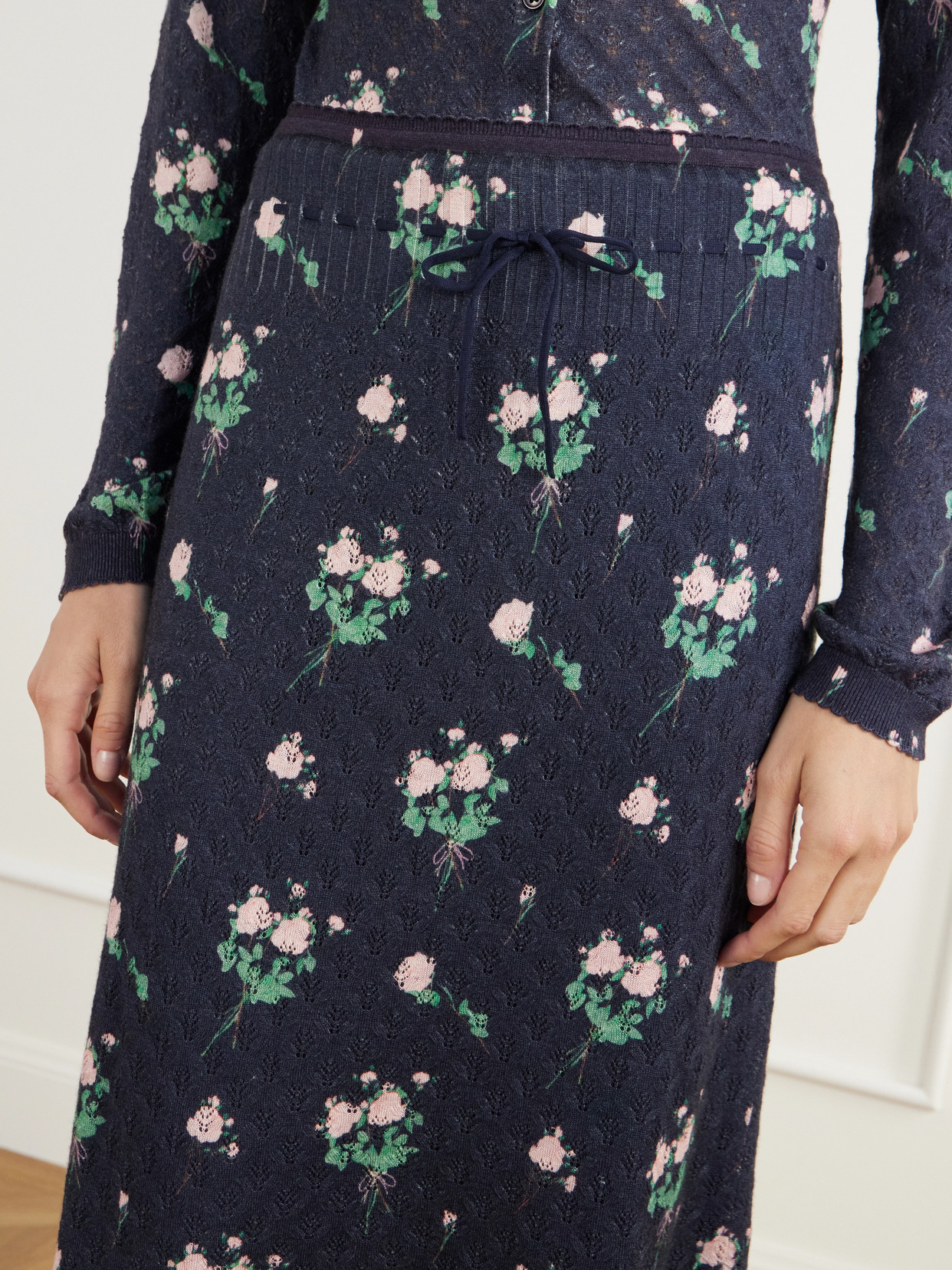 Katia Floral-Print Pointelle-Knit Silk, Wool And Cashmere-Blend Knee-Length Skirt