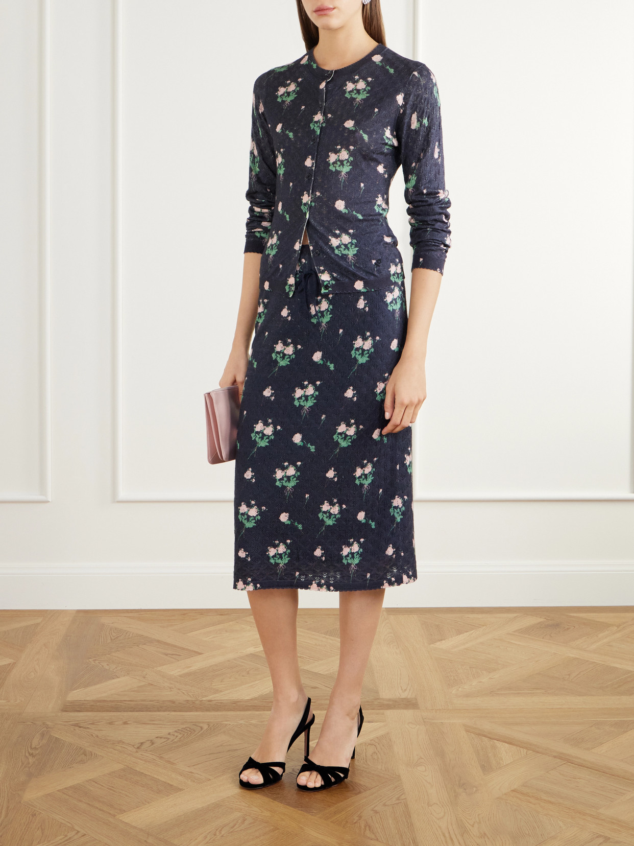 Katia Floral-Print Pointelle-Knit Silk, Wool And Cashmere-Blend Knee-Length Skirt