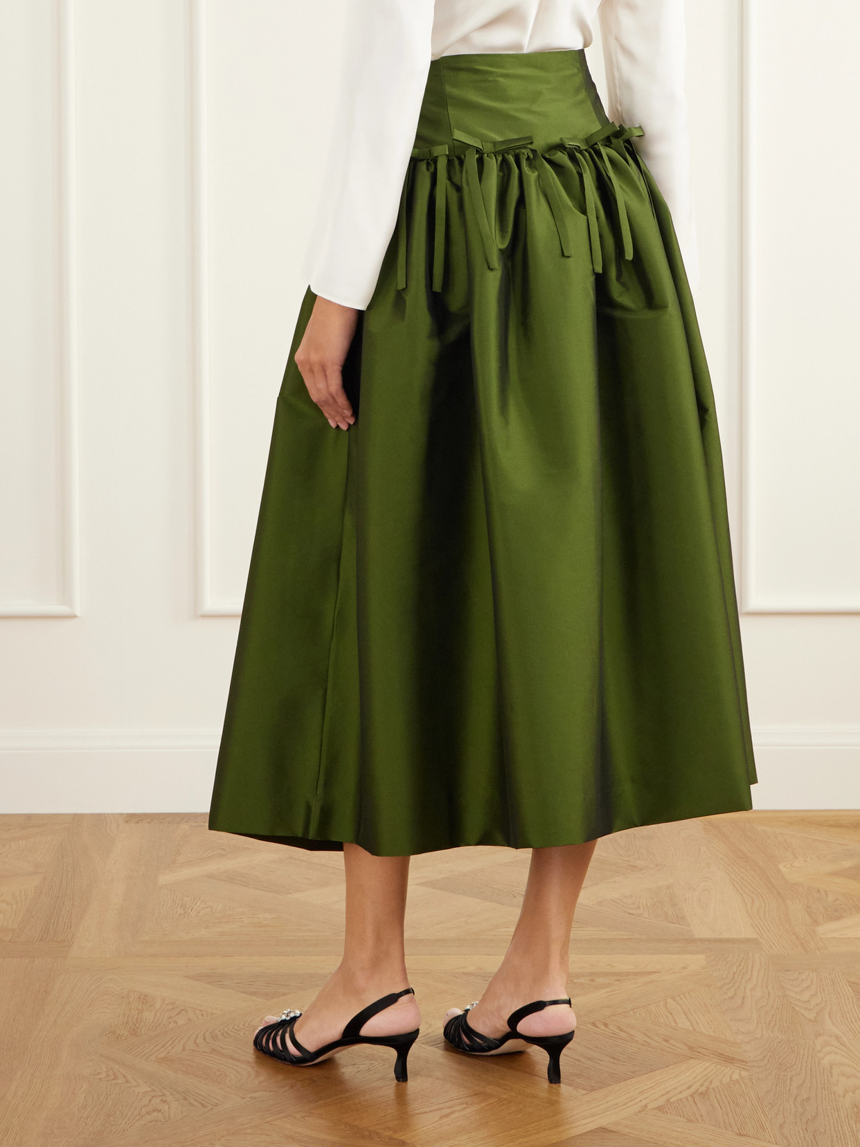 Oscar Bow-Detailed Gathered Taffeta Midi