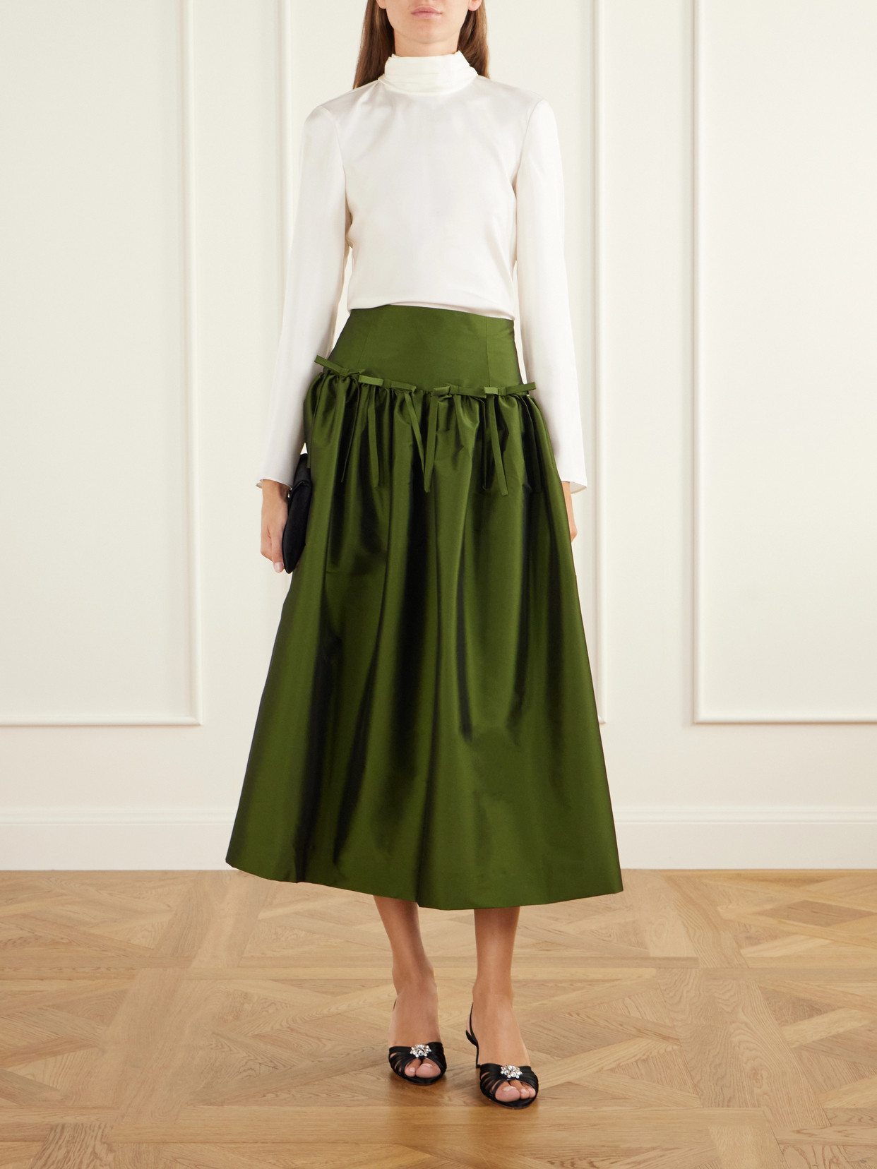 Oscar Bow-Detailed Gathered Taffeta Midi
