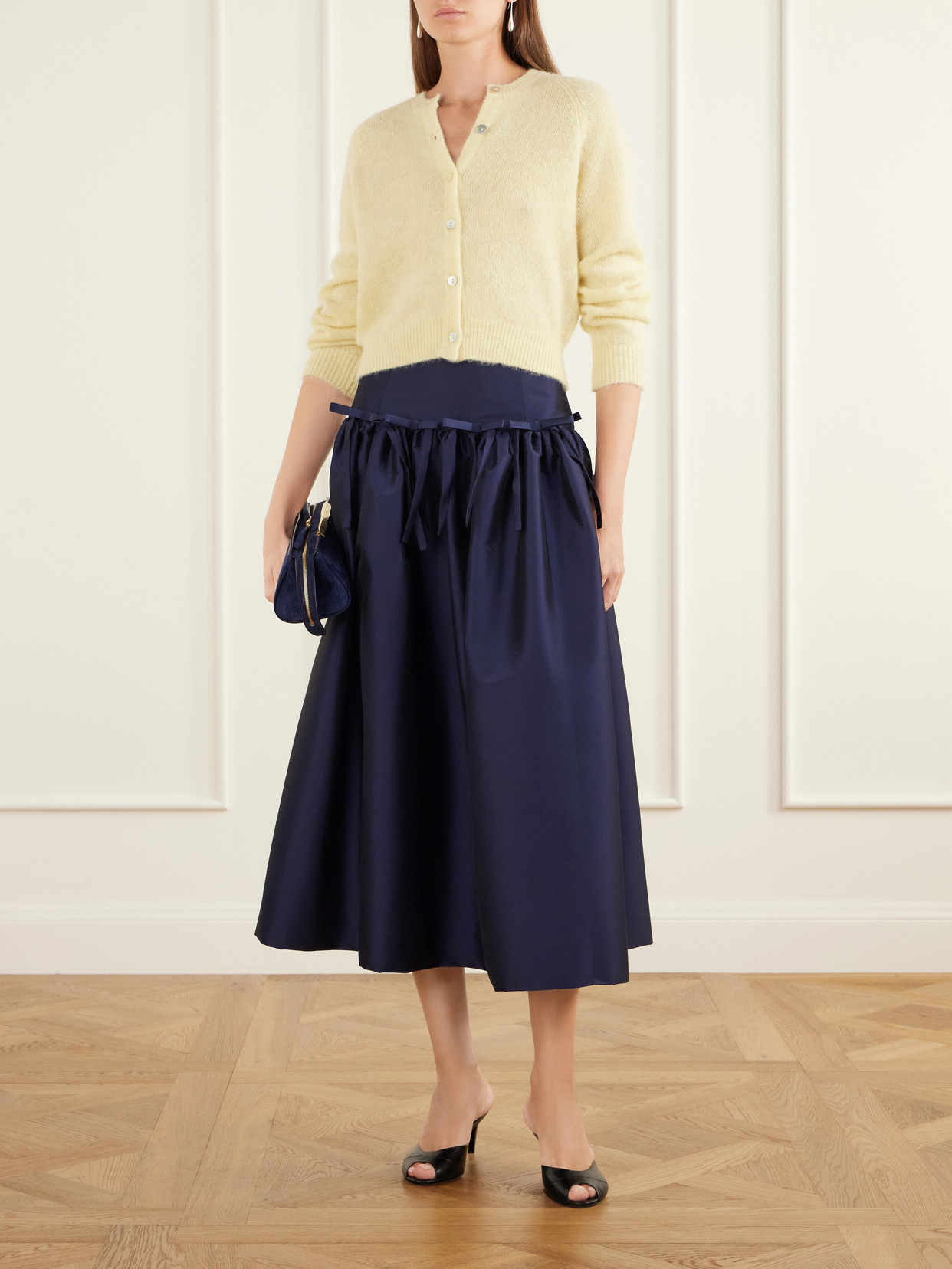 Oscar Bow-Detailed Gathered Taffeta Midi