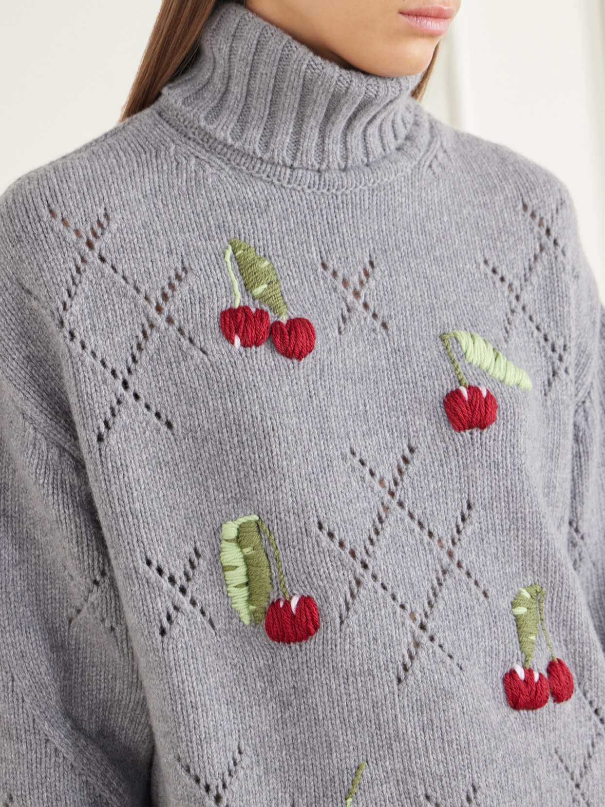 Sharon Embroidered Pointelle-Knit Wool Turtleneck Sweater