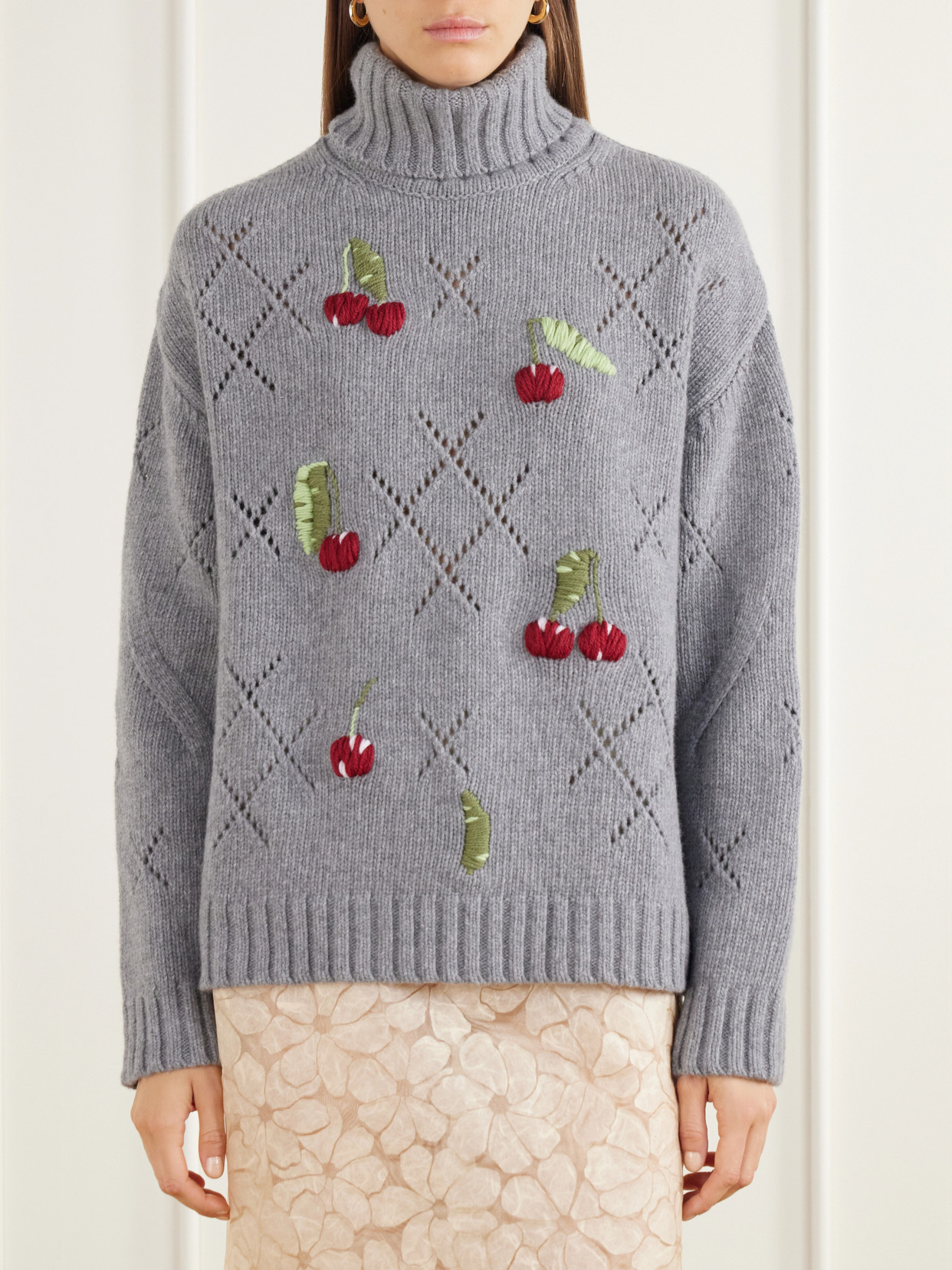 Sharon Embroidered Pointelle-Knit Wool Turtleneck Sweater