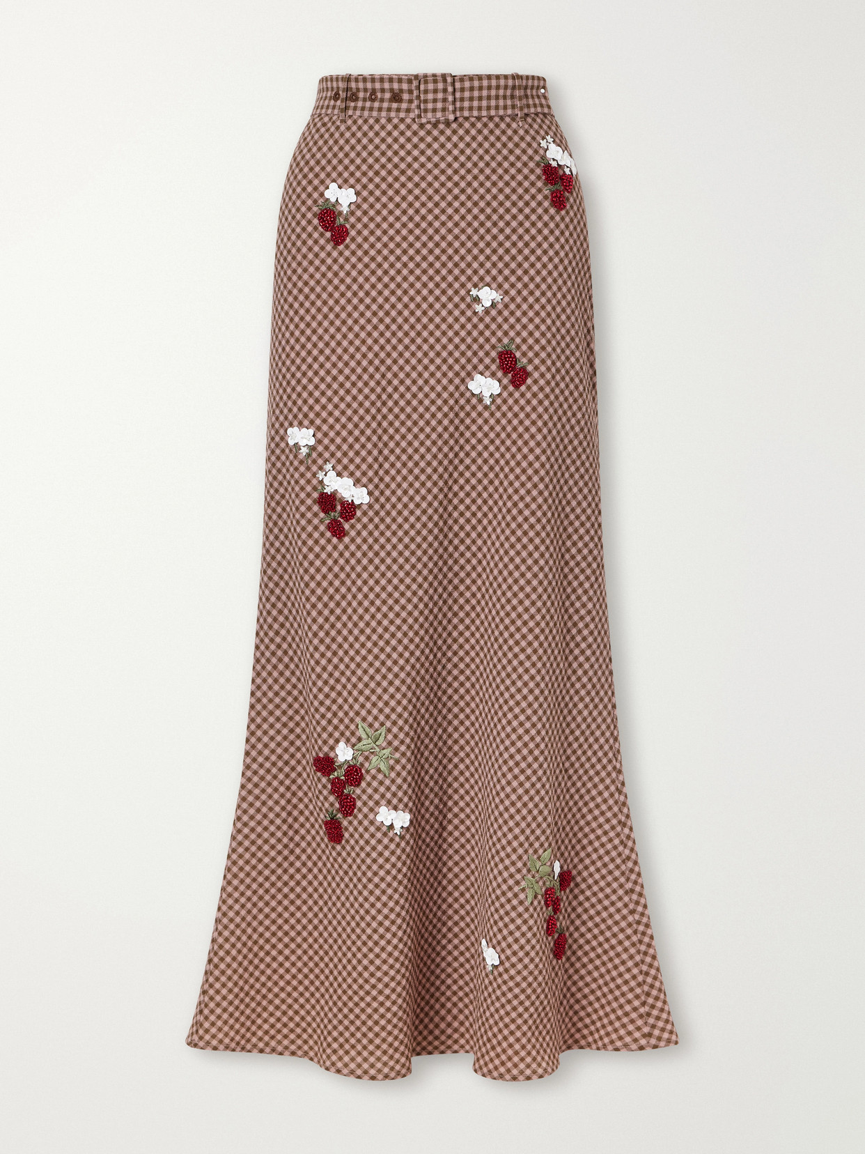Bernadette Chuck Belted Bead-embellished Checked Wool Maxi Skirt In Brown