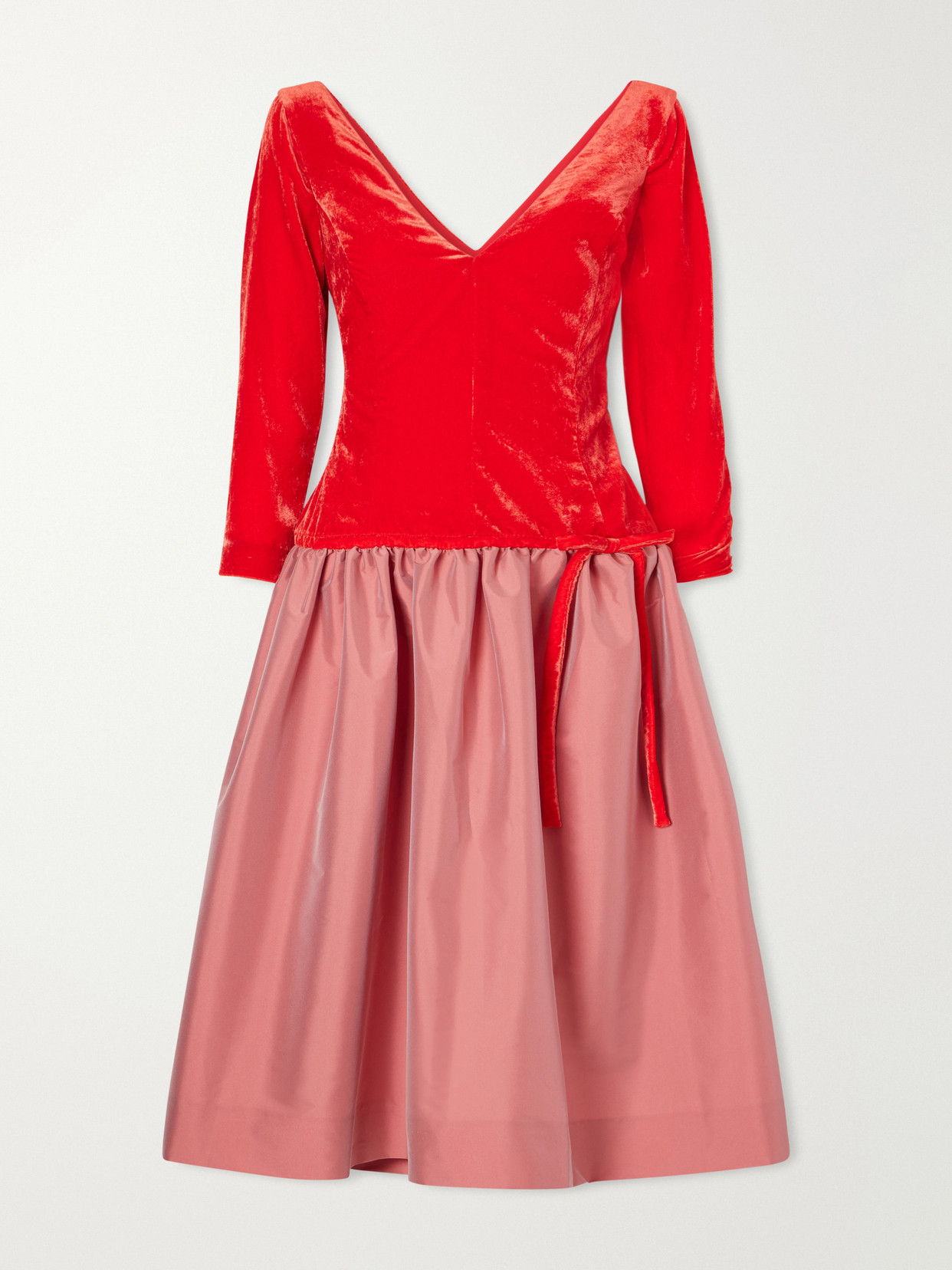Bernadette Inez Bow-detailed Gathered Velvet And Taffeta Midi Dress In Red