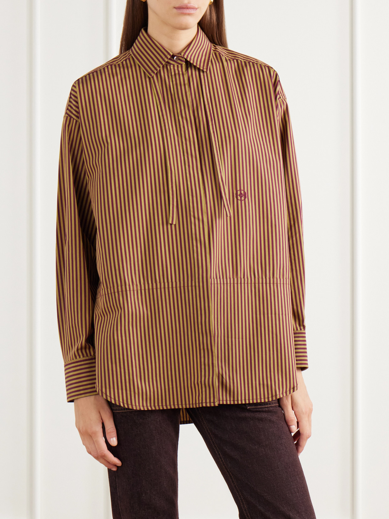 Rùadh - Dune Tie-Detail Logo-Embroidered Striped Cotton-Poplin Shirt