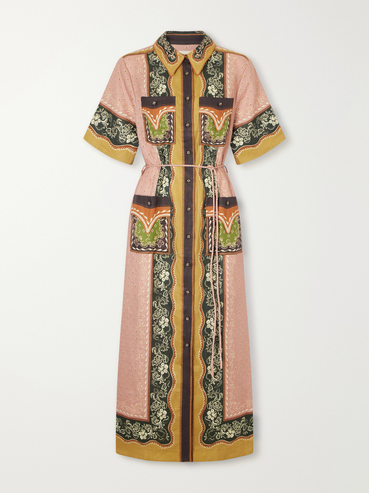 Alemais Darcey Belted Printed Hemp Midi Dress In Pink