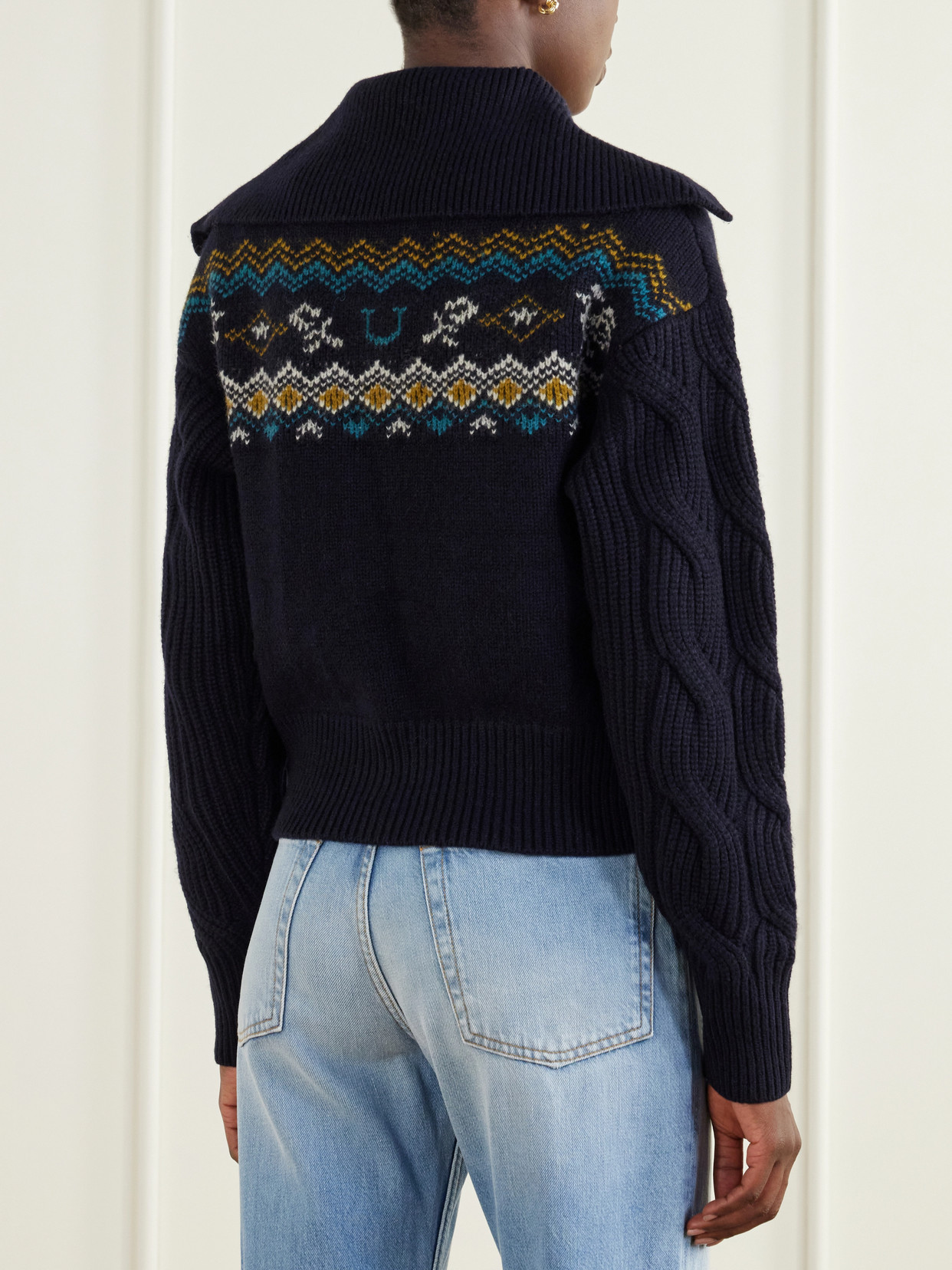 Alemais Patsy Intarsia-knit Merino Wool Cardigan In Blue